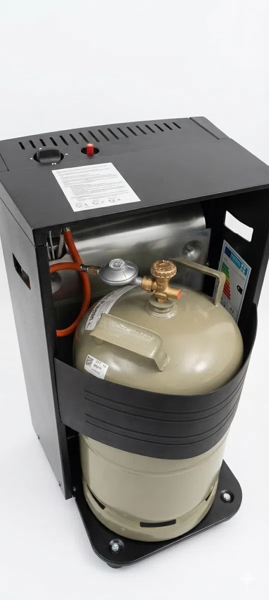 Gazcamp Blueflame Mobile Gasheizung, 4,2 kW, mit ODS Sauerstoffmangelsicherung, Piezozündung, für Propan/Butan/LPG, 2 Heizstufen, 430 x 460 x 743 mm, Schwarz, mit Rollen
