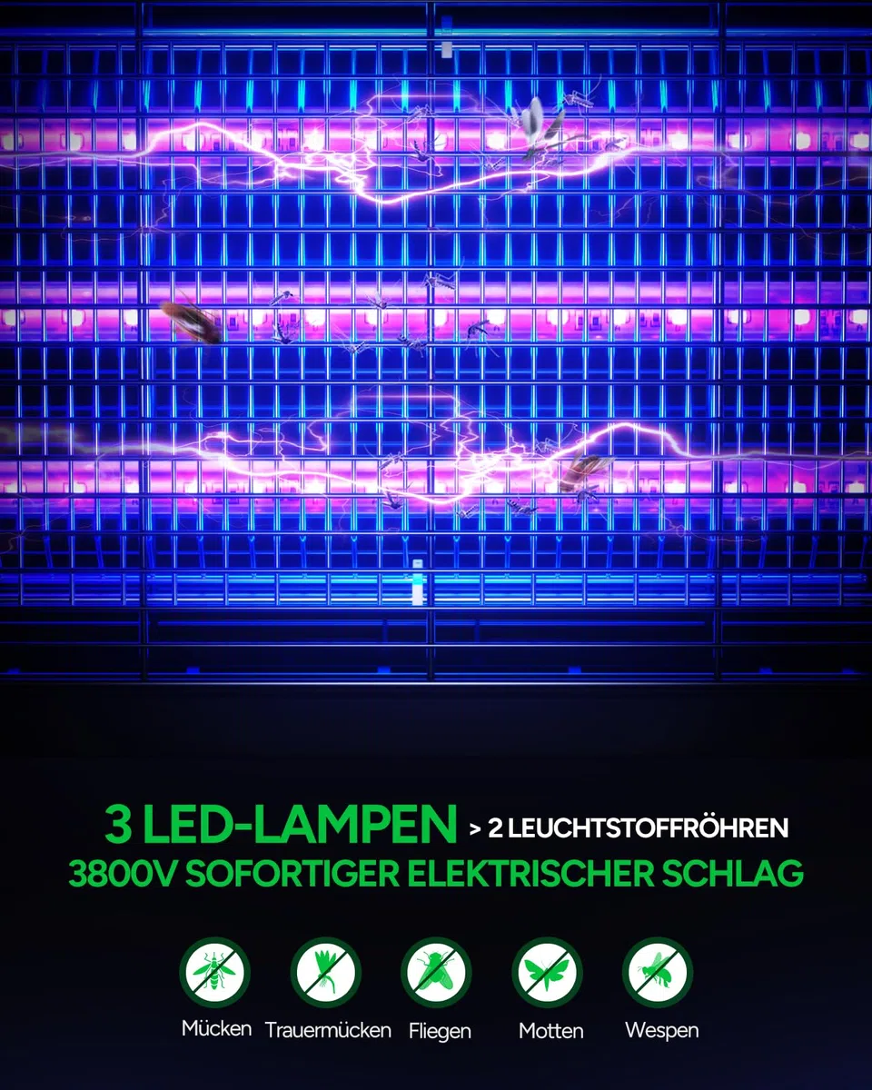 Buzbug LED Insektenvernichter, 3800V Starke Mücken- und Fliegenfalle, 3 Lampen, Nachhaltig mit geringerem Stromverbrauch, Mückenlampe, Mückenschutz, Mückenabwehr, Insektenfänger (Neues Schwarz)