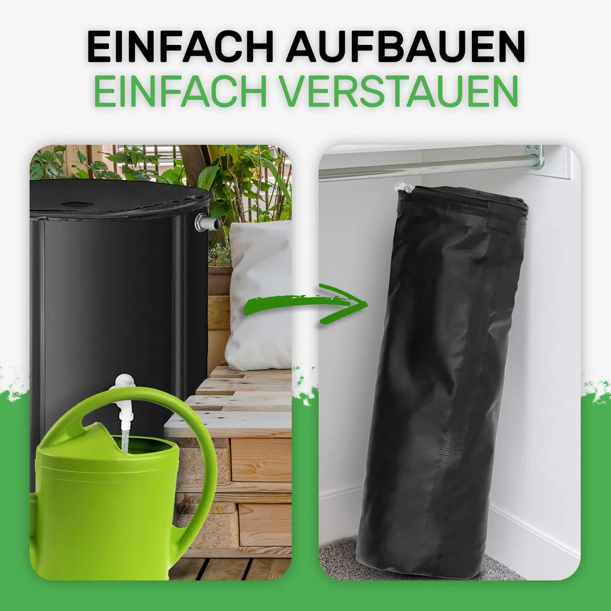 Melko - Regentonne faltbar 1000L mit Auslaufhahn, PVC Stützstangen & 2 m Wasserschlauch - Mobiles Regenfass mit Überlaufschutz & Anschluss - Regenwassertonne witterungsbeständig für Gartenbewässerung