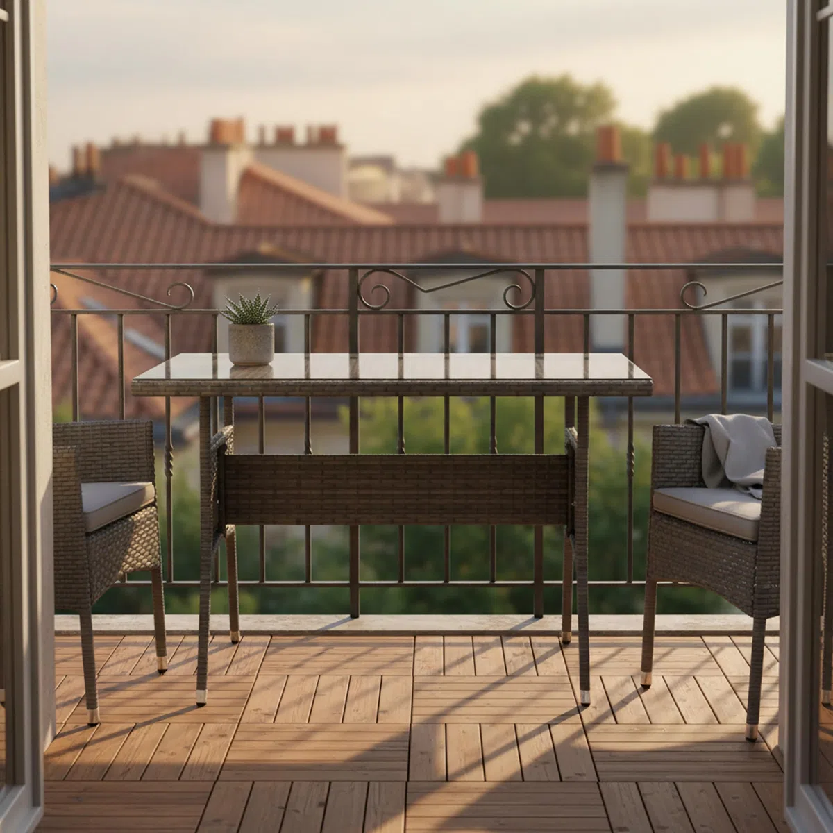 Relaxdays Gartentisch, HBT: 70 x 100 x 60 cm, wetterfest, Polyrattan, Glasplatte, eckiger Esstisch Garten & Balkon, grau