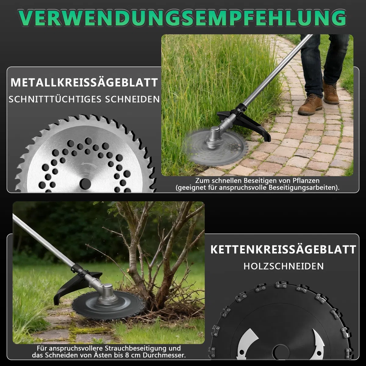 7-IN-1 Akku Rasentrimmer mit 2 x 4Ah Akkus, 1380W Bürstenloser Freischneider Akku mit 7 Klingen und Schulterriemen, 18800 U/min Elektrisch Motorsense für Garten, Rasen & Hofpflege