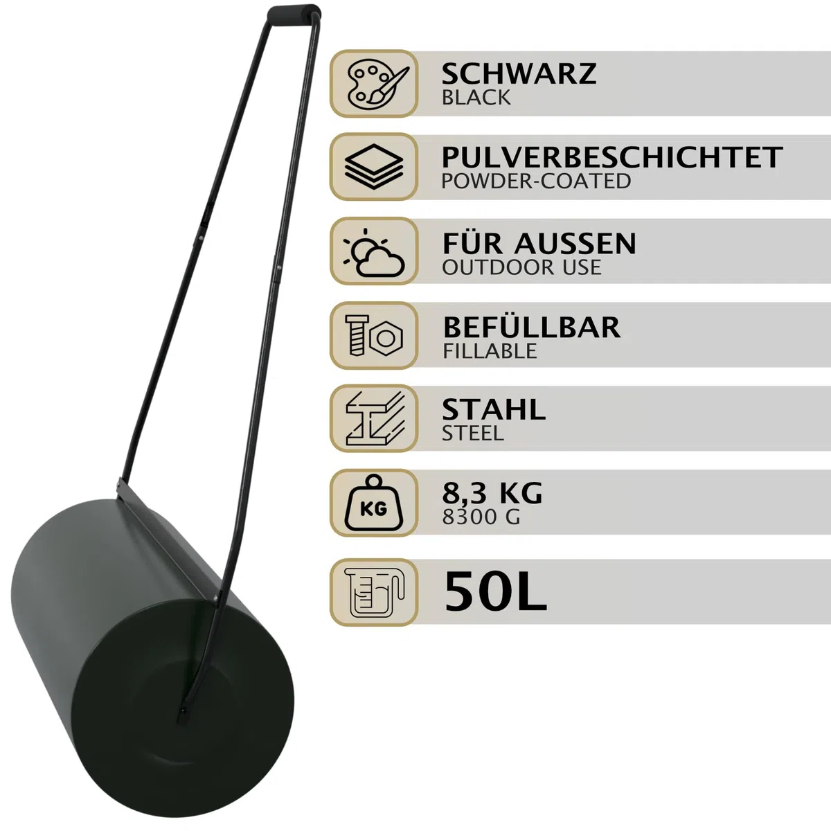 HAGO24 | Gartenwalze | Rasenwalze | Handwalze | 60cm | Stahl | 50L