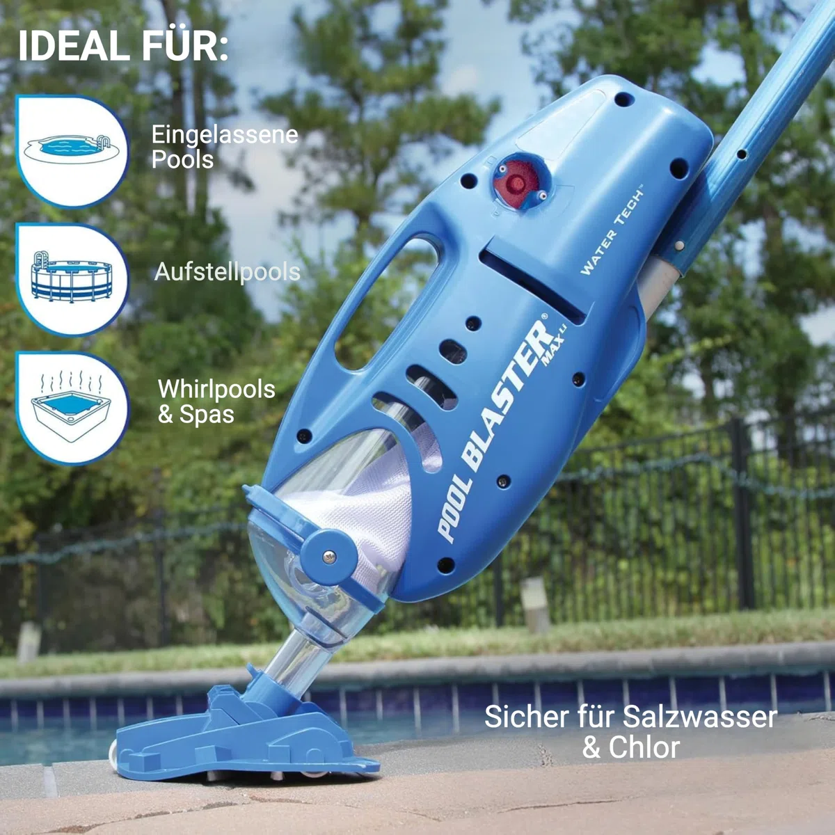 Water Tech Pool Blaster Max Li Schwimmbadstaubsauger, mit wiederaufladbarer Akku, kabelloser Poolsauger, Bürstenkopf 27cm, großer Filterbeutel