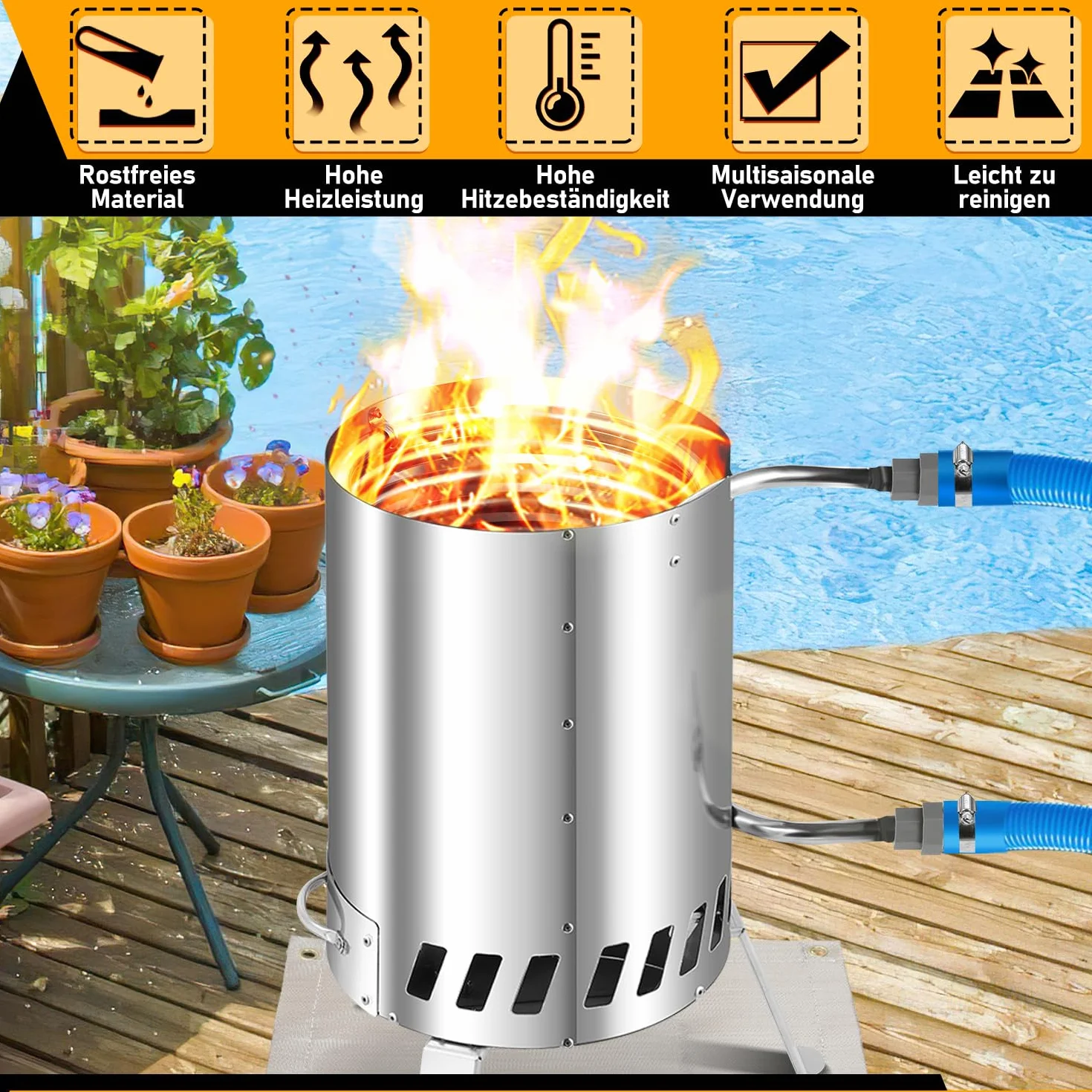 Fiqops Brennholz Poolheizung, Schwimmbadheizung mit Feuer,Edelstahl Poolheizung Feuertonne,Poolofen mit 32-38mm Anschlüsse,Outdoor Poolheizung Holz,mit Feuerfeste Matte und Tablett