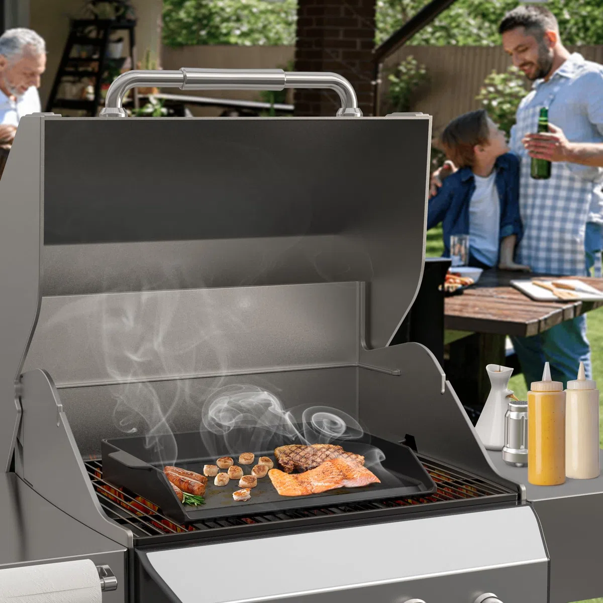 Onlyfire 47,2 × 35,5cm Gusseisen Grillplatte, Grillplatten Gasgrill mit Griff, Universal Gussplatte für Gasgrill, Holzkohlegrill, Herd, Matte Oberfläche, Schwarz