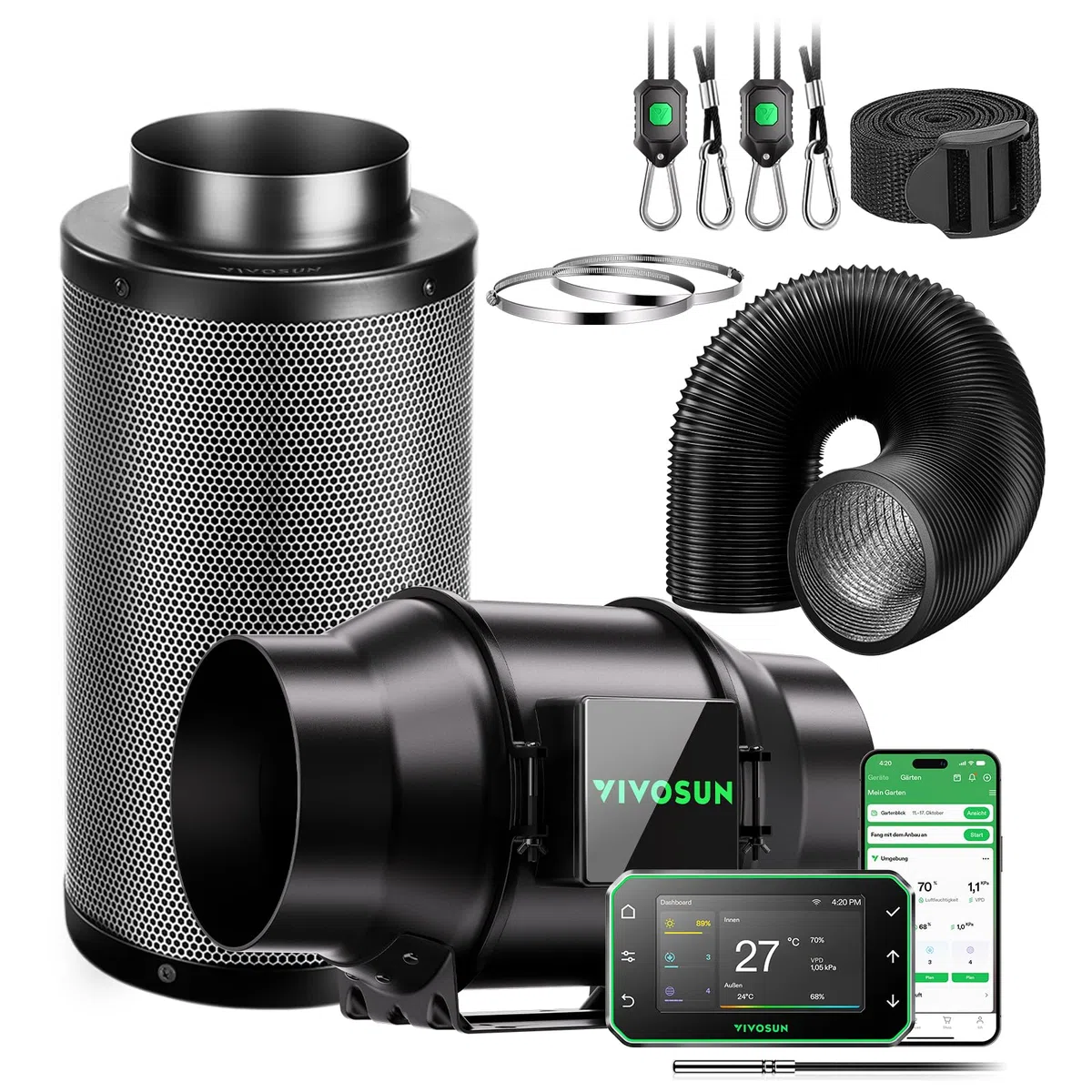 VIVOSUN Smart Rohrventilator 150mm AeroZesh G6 Abluftset 660m³/h mit GrowHub E42A+, Temperatur- und Feuchtigkeitsregler, WiFi/App-Fernsteuerung, Aktivkohlefilter und Schlauch für Growzelt Hydroponik
