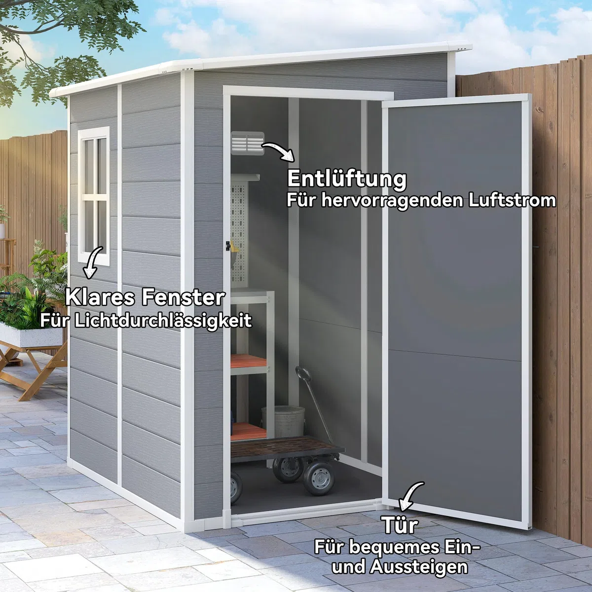 Outsunny Gerätehaus 1,54m³, Gartenhaus mit Pultdach, Boden 122 x 149 x 192/177 cm, wetterfest Geräteschuppen mit Abschließbar Tür, Fenster, Gartenschrank aus Kunststoff, für Hinterhof, Garten, Grau