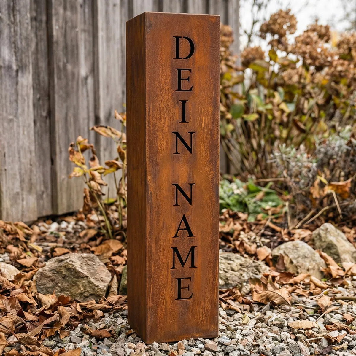 Rostikal Cortenstahl Säule 100 cm – Personalisierte Rostdeko mit Wunschname – Robuste Metall Stele für Garten, Haus & Eingangsbereich – Edelrost-Dekosäule
