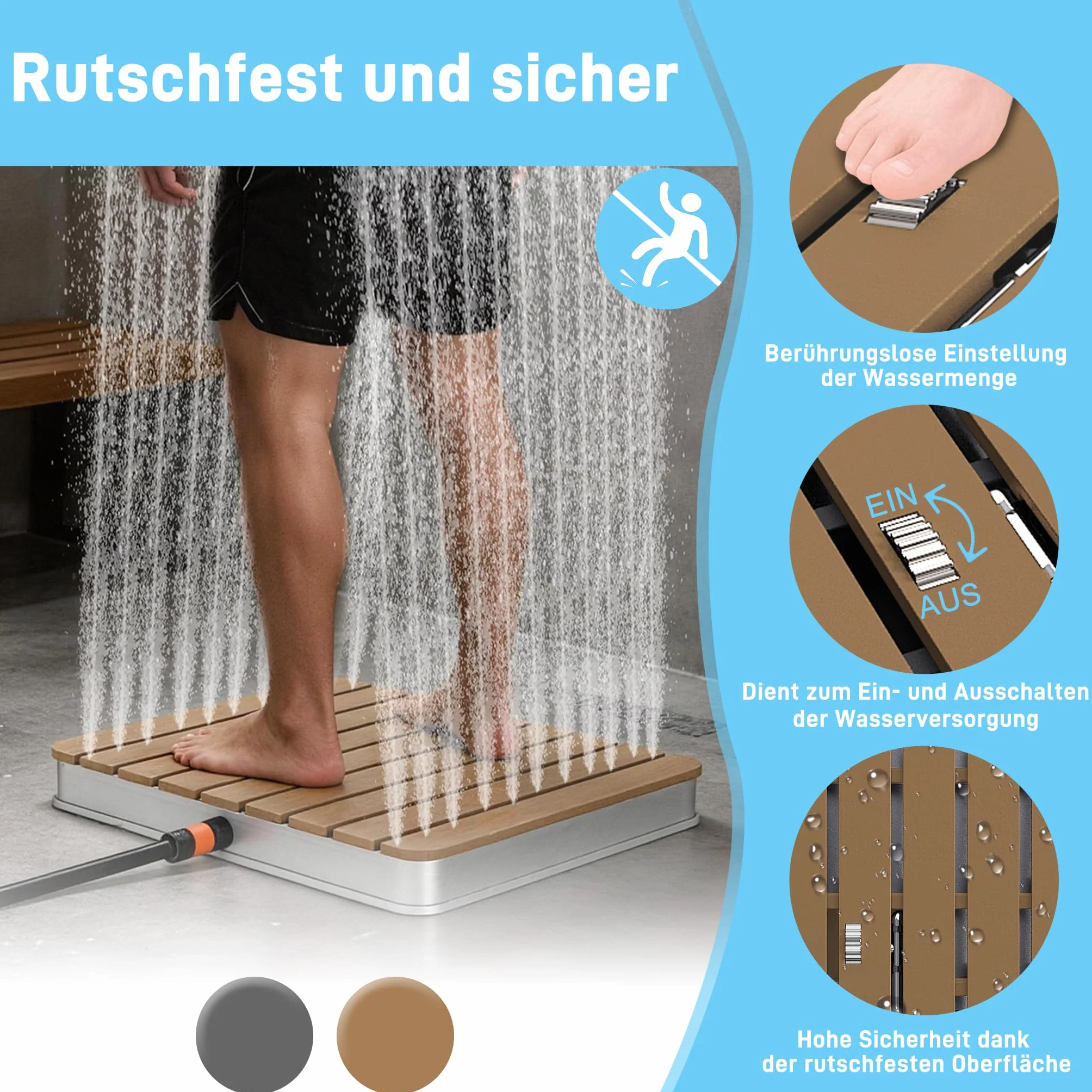 Froadp Gartendusche Campingdusche Aluminium & WPC Bodendusche Holzfarbe Saunadusche mit rutschfeste Standfläche 55x70cm Wetterfest Holzoptik Außendusche für Standard-Gartenschläuche (Rechteckig)