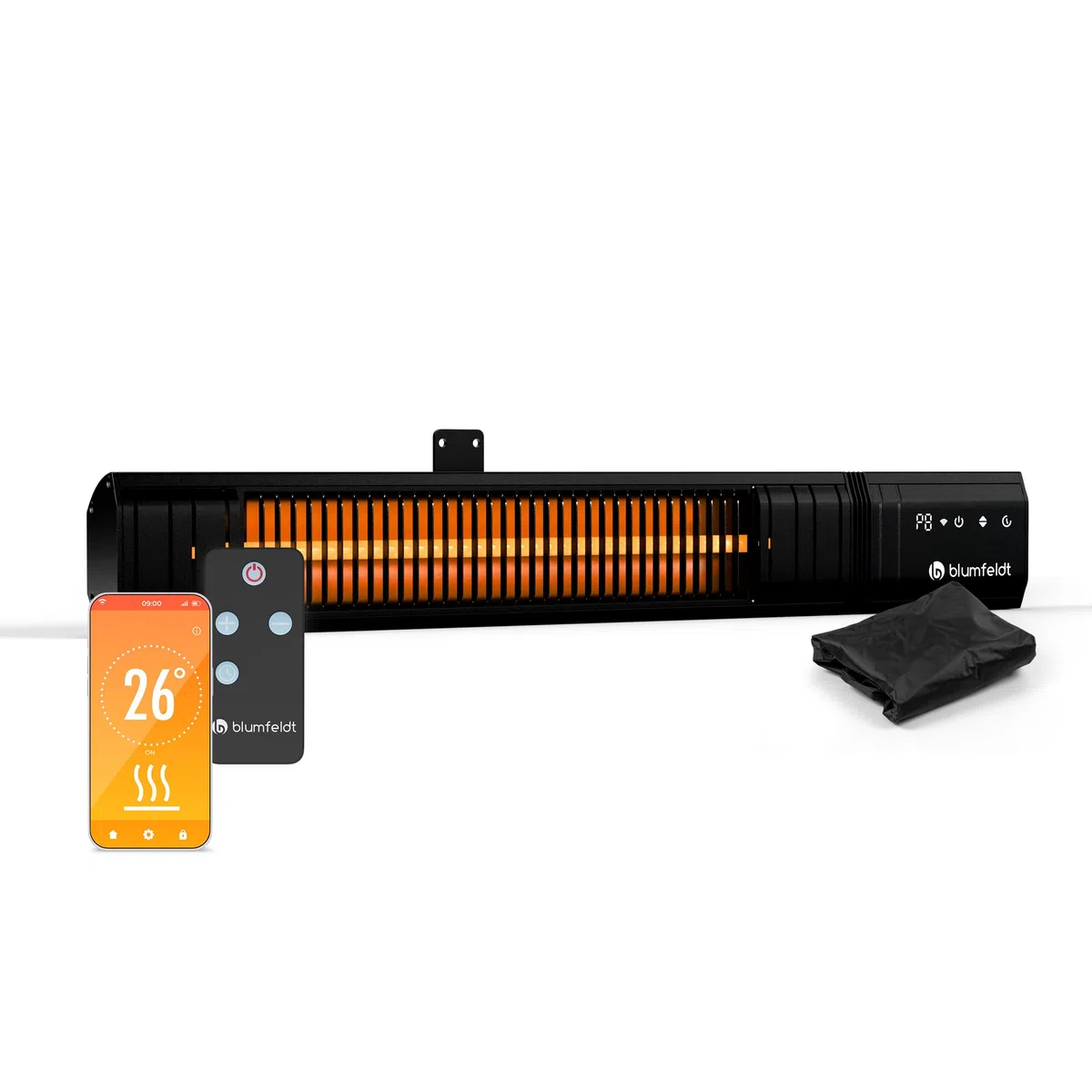 blumfeldt Infrarotheizung 2000 W – Wand & Deckenmontage, IP65 Wasserdicht, 9 Heizstufen, Smarte WLAN-Steuerung, Goldröhren, Kindersicherung, für Balkon, Terrasse & Garten