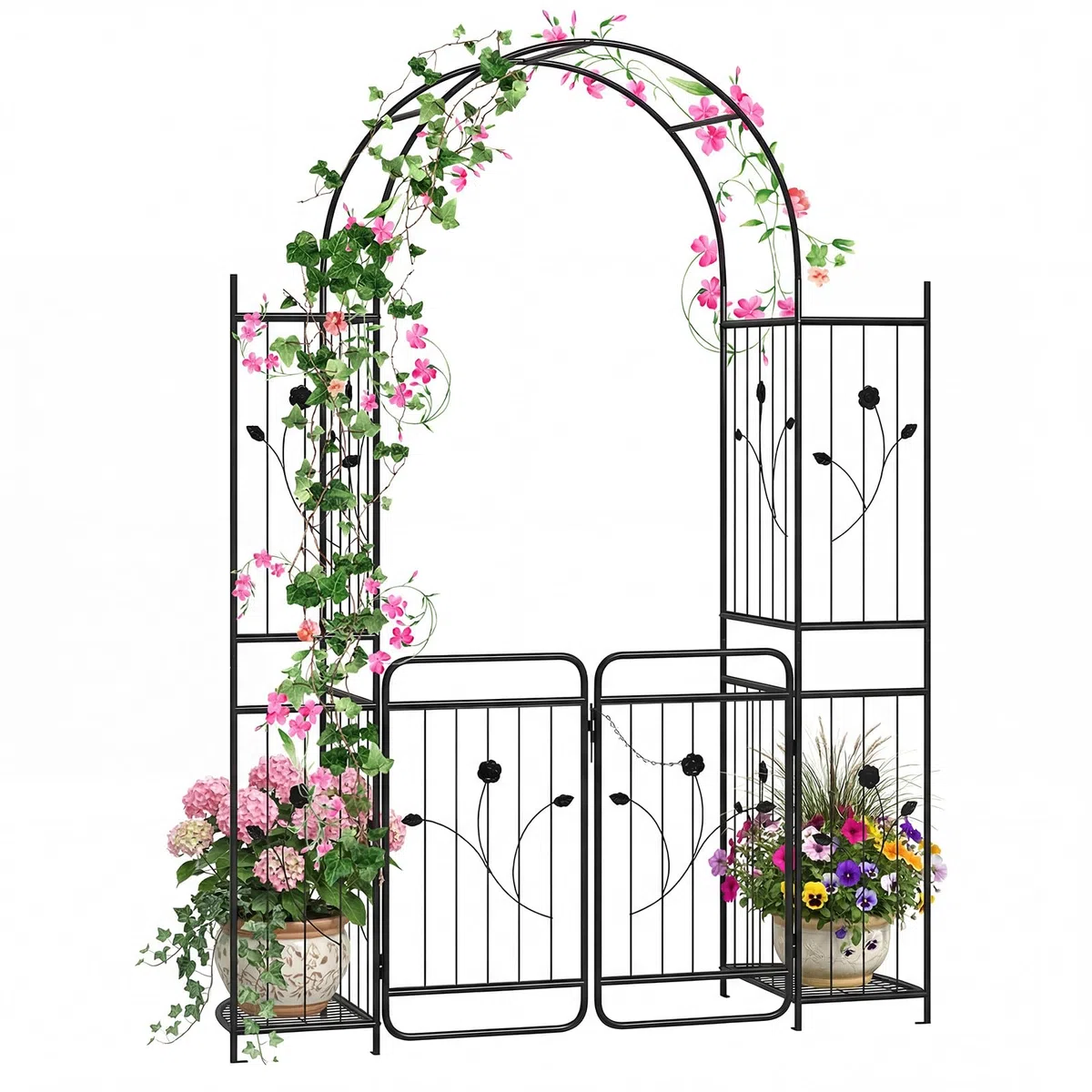 HOMASIS Rosenbogen mit Tür, Metall Gartenbogen mit Rankgitter & 2 Pflanzkästen, Gartentor stabil wetterfest, Rankhilfe für Kletterpflanzen, Spalier Torbogen für Hochzeit Garten Partys (163x50x220cm)