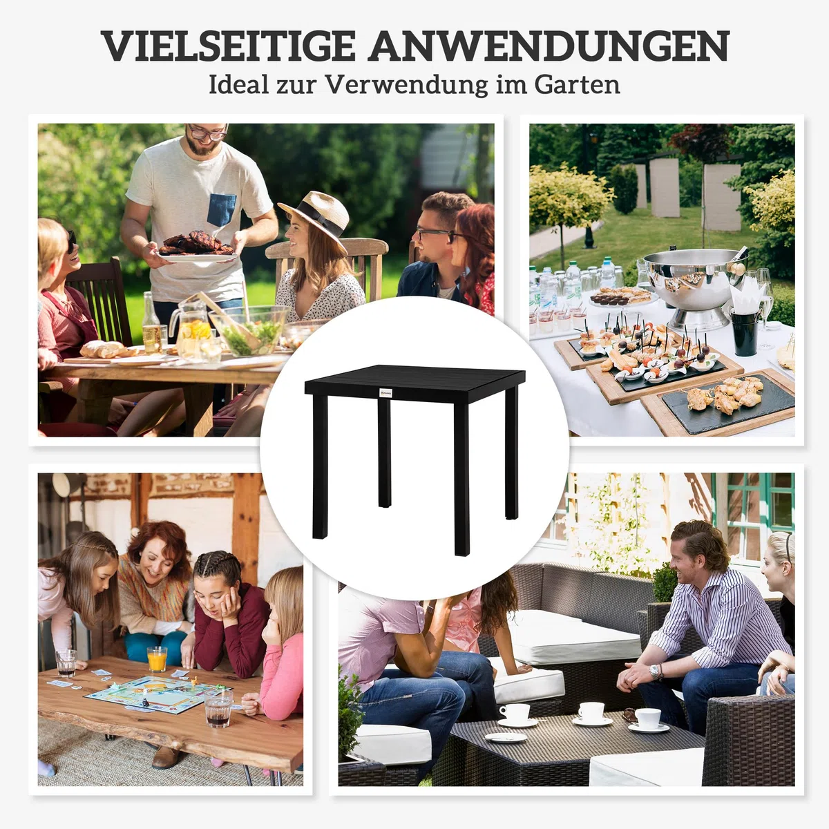 Outsunny Gartentisch für 6 Personen Esstisch Aluminiumtisch Gartenmöbel Loungemöbel pflegeleicht Kunststoff Natur+Schwarz 80 x 80 x 74 cm