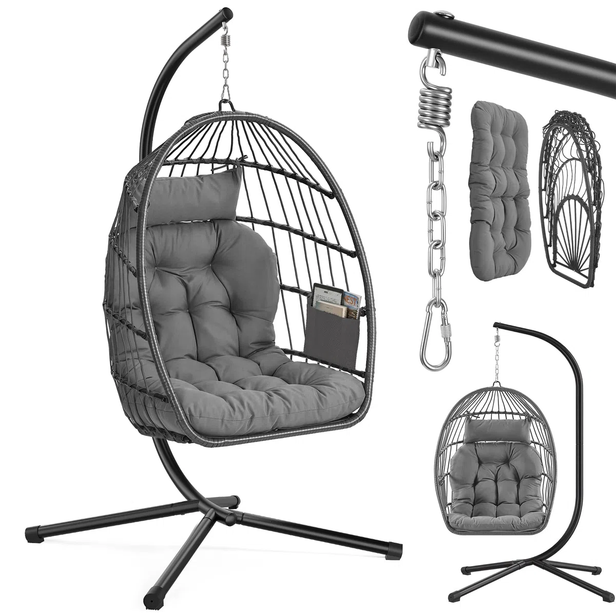 SONGMICS Hängesessel mit Gestell, Hängeschaukel Outdoor, Korbsessel, Korb klappbar und abnehmbar, Hängestuhl höhenverstellbar, Seitentasche, Kissen, Wohnzimmer Garten Balkon, grau GDC050GZ01