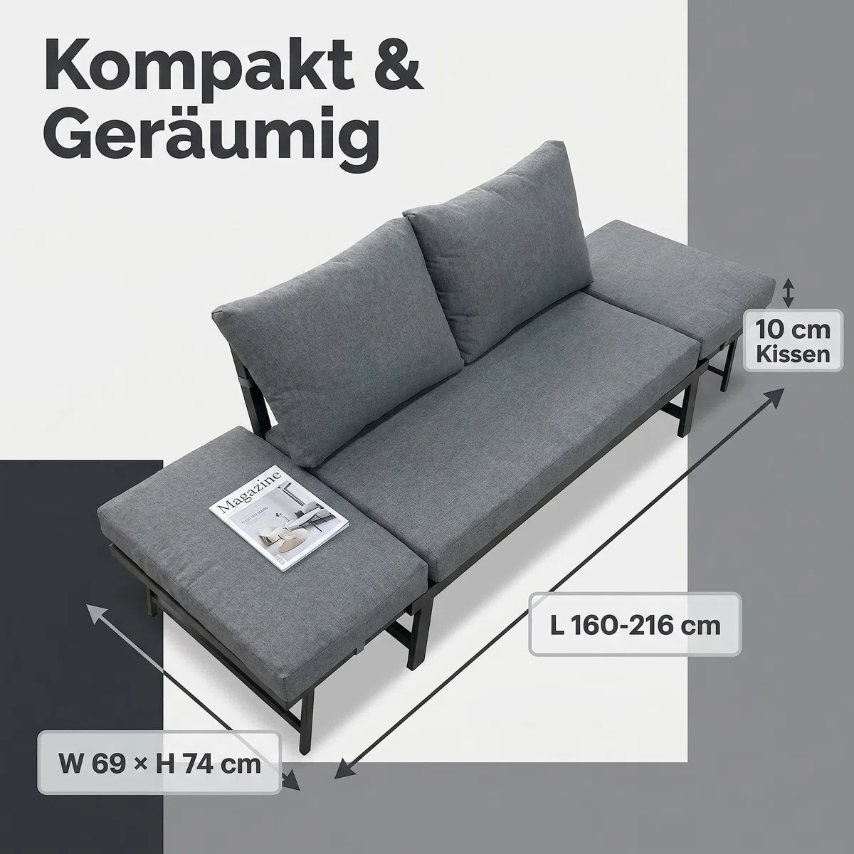 Klappbares 4 in1 Garten-Loungesofa mit Verstellbarer Rückenlehne und abtrennbarer Seitenliege, wetterfestes Stahl-Textilene-Gestell inklusive dickem Polyester-Kissen, geeignet für Terrasse