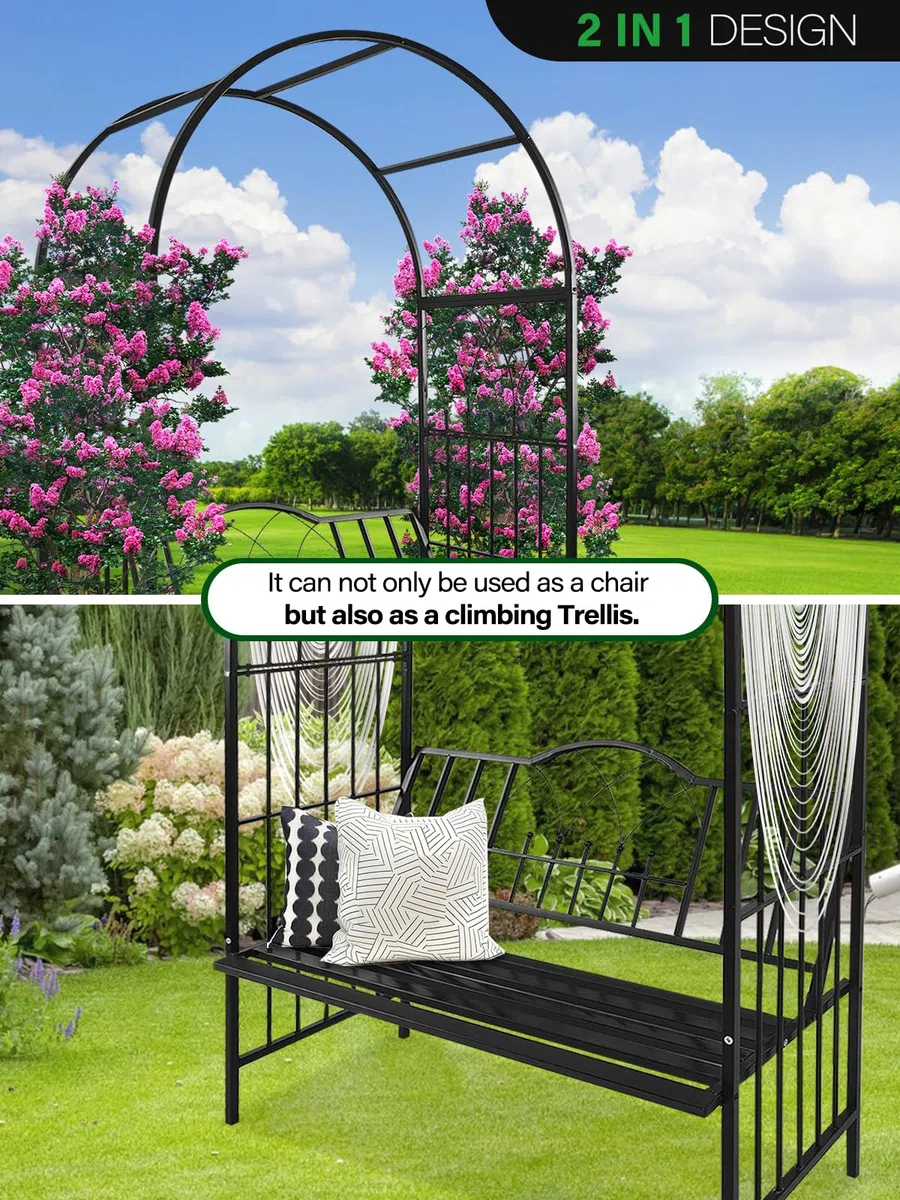2 M Gartenbogen mit Bank, Kalolary Metall Hochleistungs Gartenlaube mit Sitz für Kletterpflanzen 2-Sitzer Großer Garten Rosenpavillon Bogen Blumenreben Kletterstütze für Rasen Hinterhof im Freien