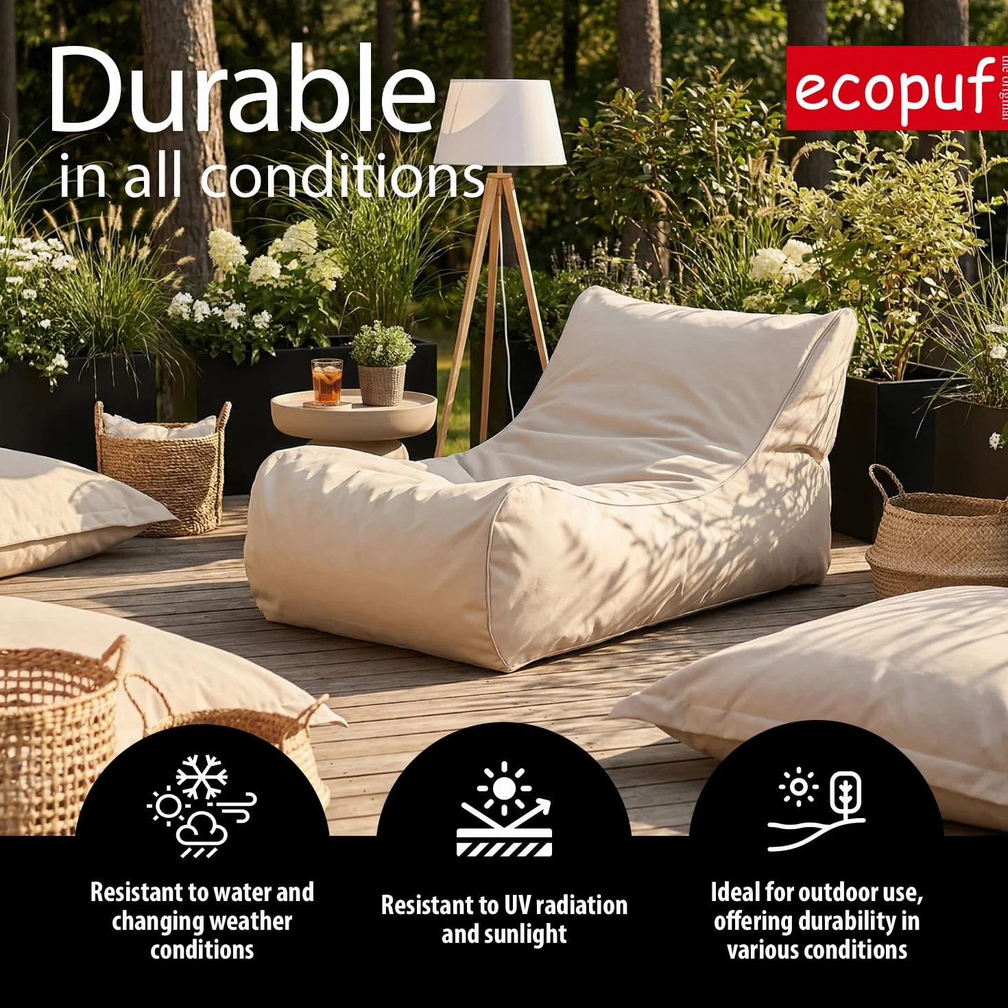 Ecopuf - Bean Bag - Sitzsack mit Füllung - Sitzsack Outdoor & Indoor, Bean Bag Chair mit Wasserabweisender Stoff, Zickzack Muster, 80(B) x 80(L) x 110 (H) cm, 2 kg, Fuzzy Outdoor Gelb