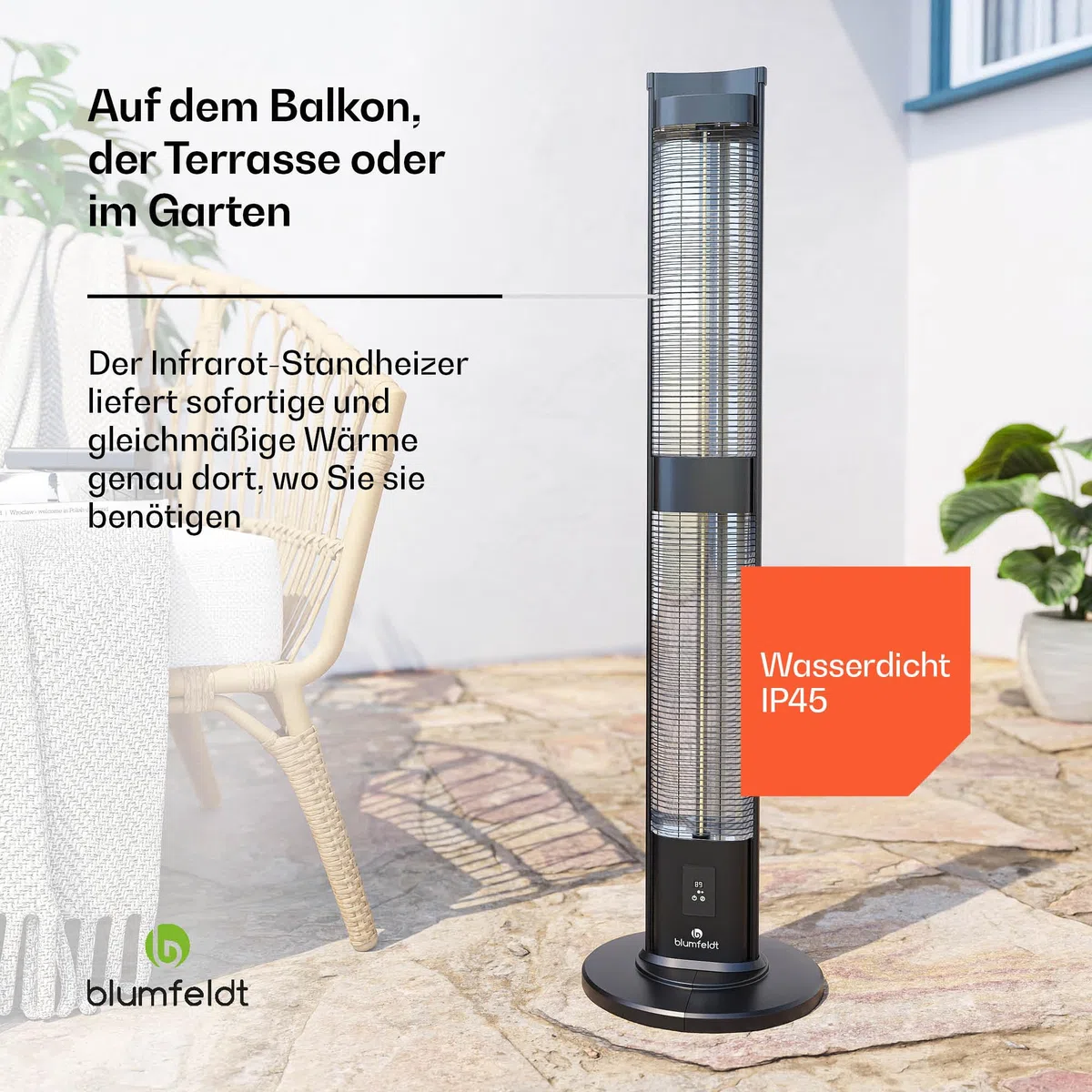blumfeldt BlazeTower Infrarotheizung Standgerät - 3000 W Leistung, Einstellbare Heizstufen, Wetterfest IP45, Umkippschutz, Fernbedienung & 24-Stunden-Timer - Ideal für Terrasse & Garten
