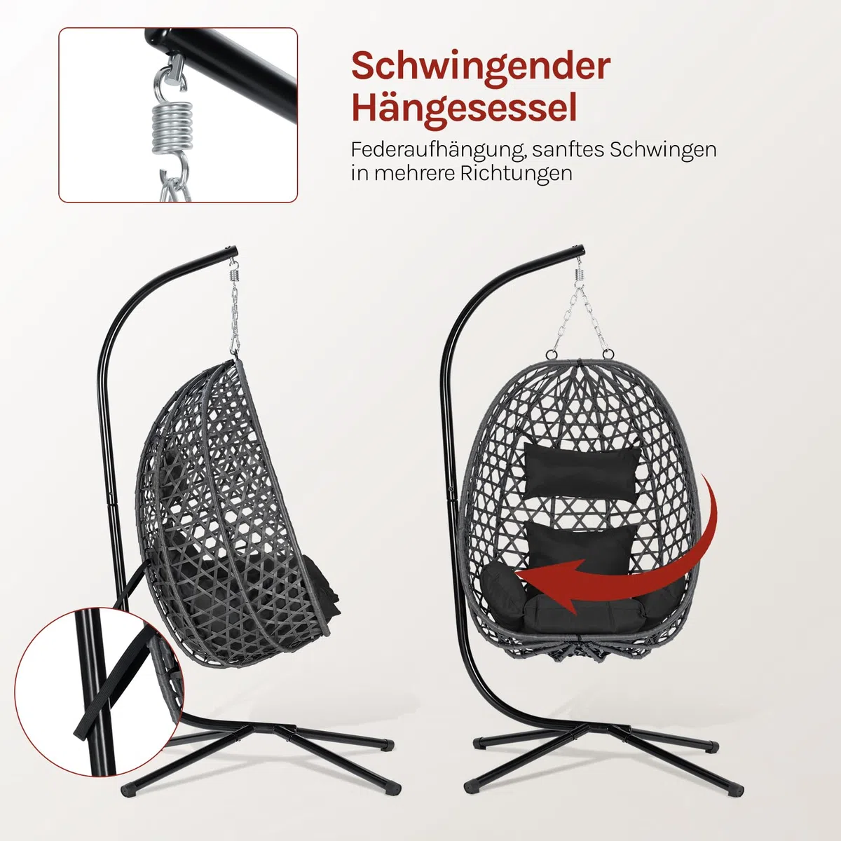 WOLTU Hängesessel mit Gestell, bis 150 kg belastbar, PE-Rattan Hängestuhl, mit Sitzkissen und Kopfstütze, für Indoor und Outdoor, Schwarz