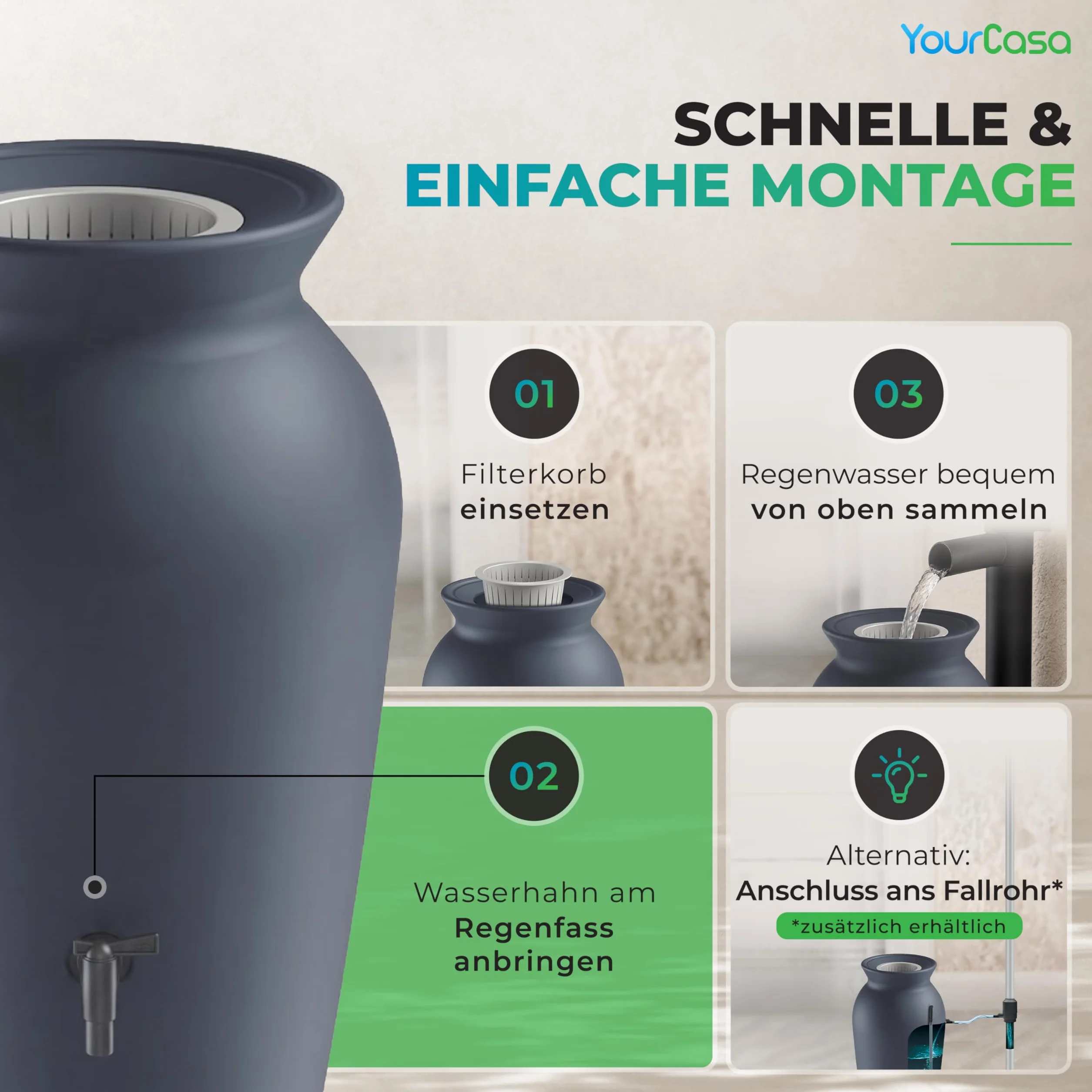 YourCasa Regentonne 120-230 Liter [DropCatcher] mit Filterkorb & Wasserhahn - Regenfass Frostsicher Kunststoff - Regenwassertonne - Regenwassertank Garten Wassertank Regensammler (Anthrazit, 230L)