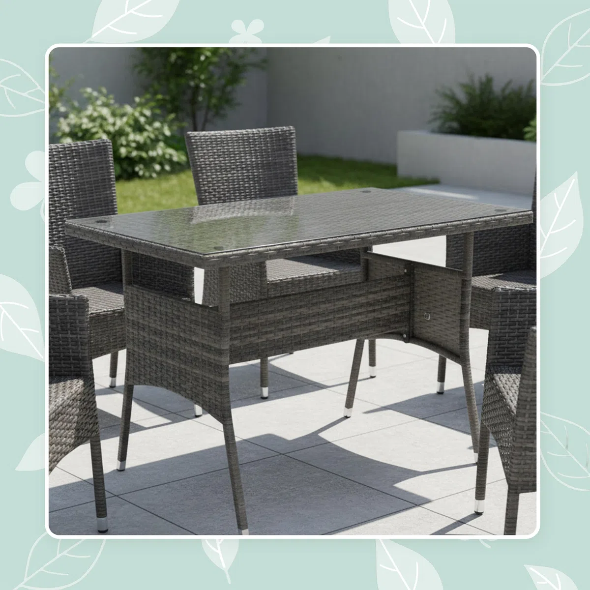 Relaxdays Gartentisch, HBT: 70 x 100 x 60 cm, wetterfest, Polyrattan, Glasplatte, eckiger Esstisch Garten & Balkon, grau