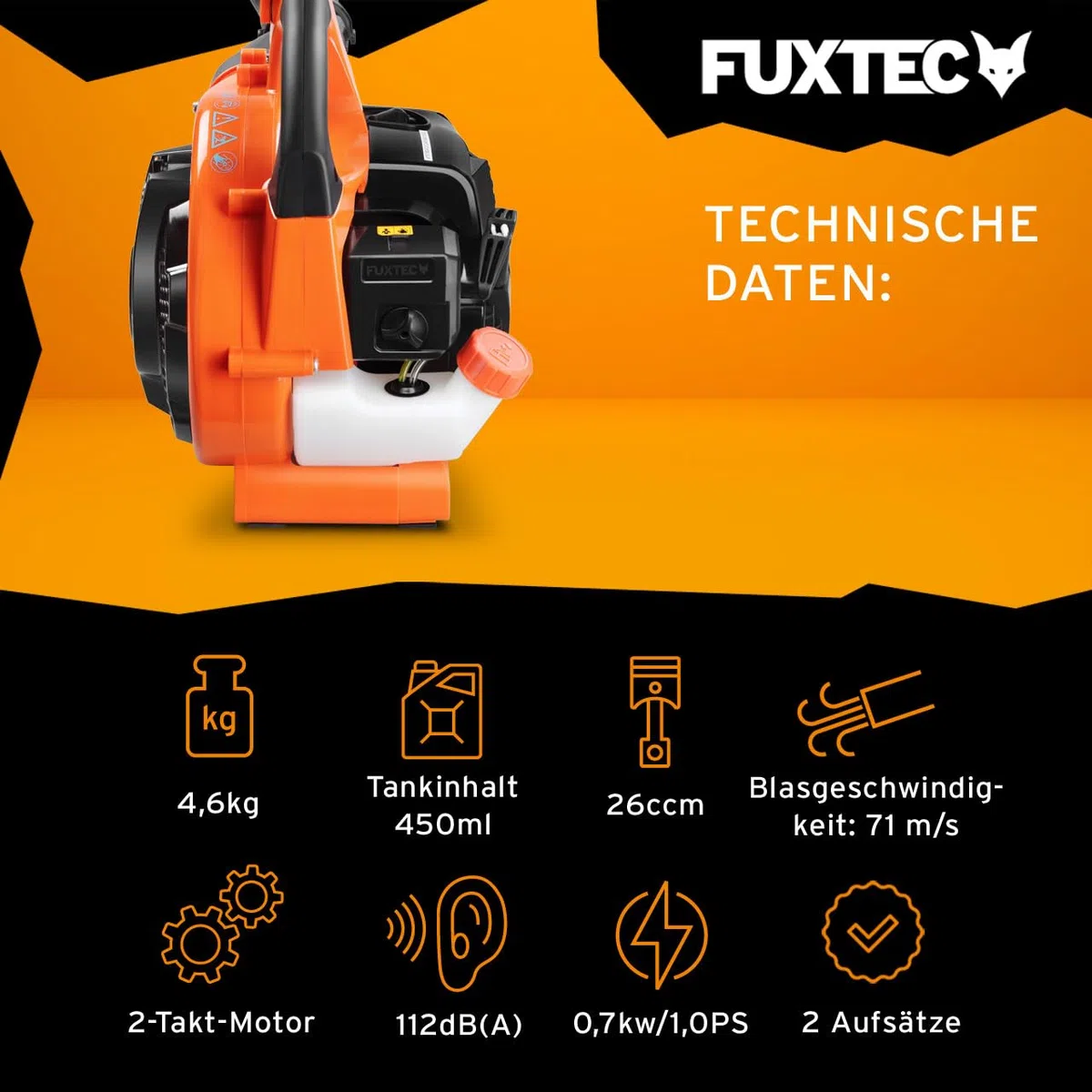 FUXTEC Benzin Laubbläser 2in1 FX-LB126 inkl. 2 Blasrohre – Auf Laubsauger erweiterbar – 2-Takt Motor – getestet Oberklasse 1,4 – Blasgeschwindigkeit 71 m/s