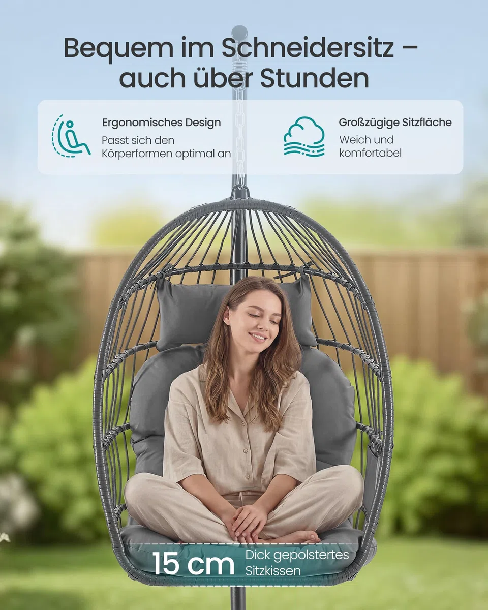 SONGMICS Hängesessel mit Gestell, Hängeschaukel Outdoor, Korbsessel, Korb klappbar und abnehmbar, Hängestuhl höhenverstellbar, Seitentasche, Kissen, Wohnzimmer Garten Balkon, grau GDC050GZ01
