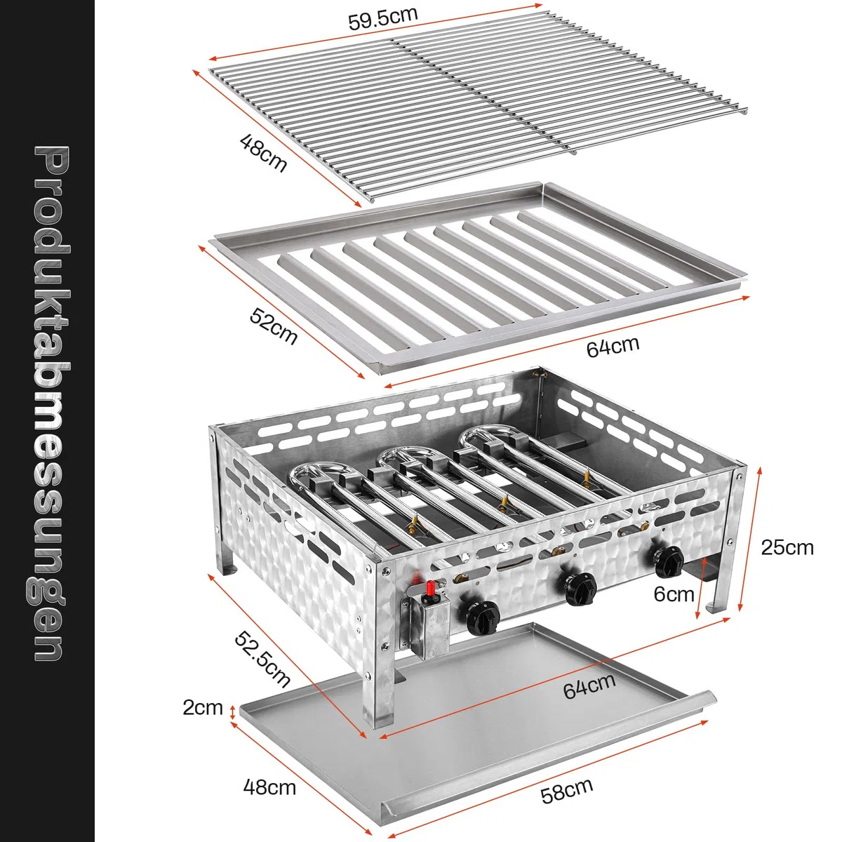 TLSUNNY Edelstahl Gasbräter 3-flammig 12 kW, Profi Gasgrill, Gastrobräter gas mit Grillrost, Tischgasgrill für Gastronomie, Outdoor, Garten, Wurstbrater, 59.5x48 cm Grillfläche, 4 PCS Füße