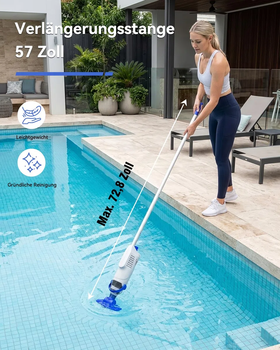 Akku Poolsauger mit 36,8 kPa Saugleistung, 5000 mAh Akku, 60 Min Laufzeit, 18 GPM, 2 Saugmodi, 300/500 μm Filter, Steckstange bis 1,85 m (max. Länge), für Pool & Spa
