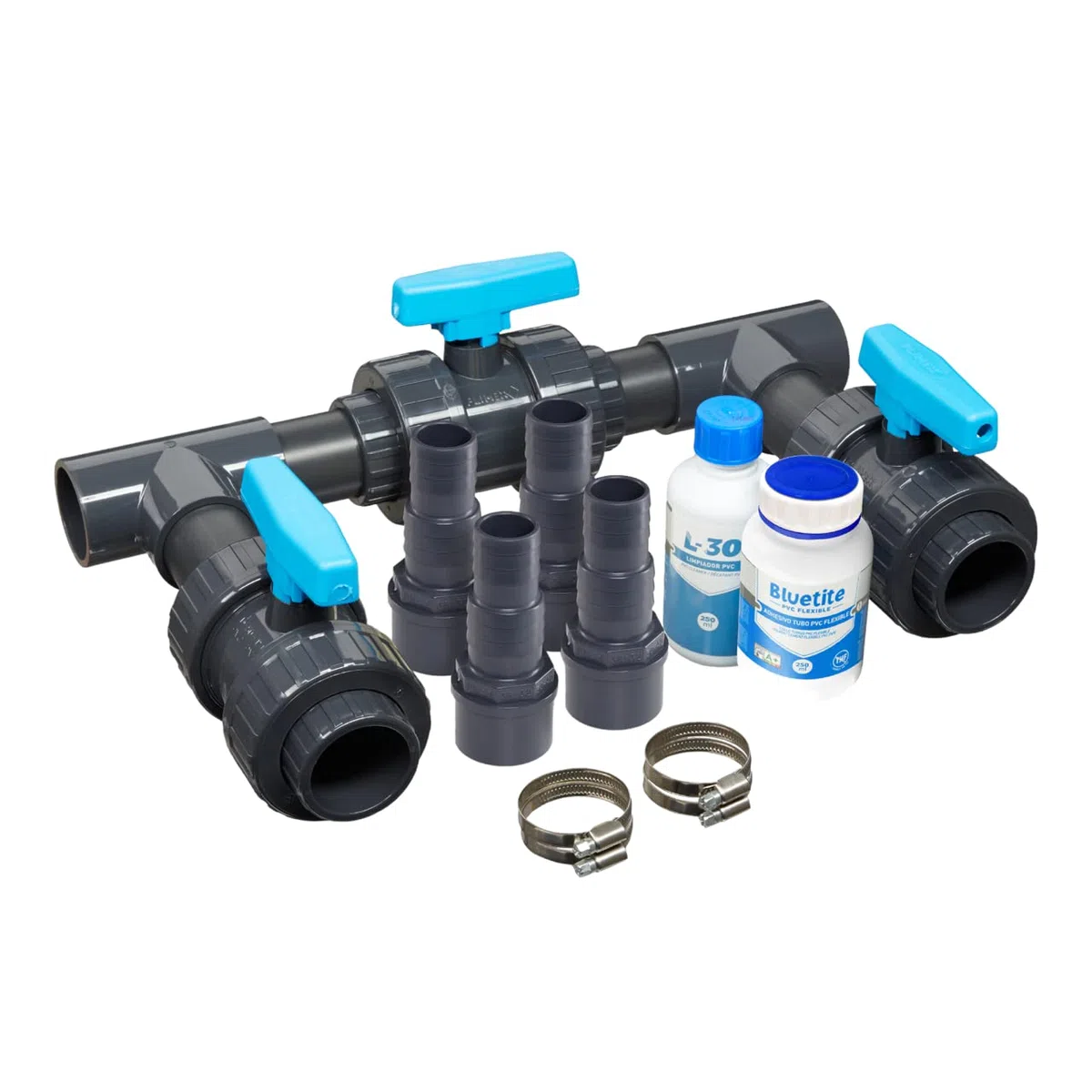 Pool Bypass Set Basic Deluxe 50 mm – PVC Kugelhähne, T-Stücke, Kleber & Reiniger – Durchflussregelung für Wärmepumpe & Solaranlage