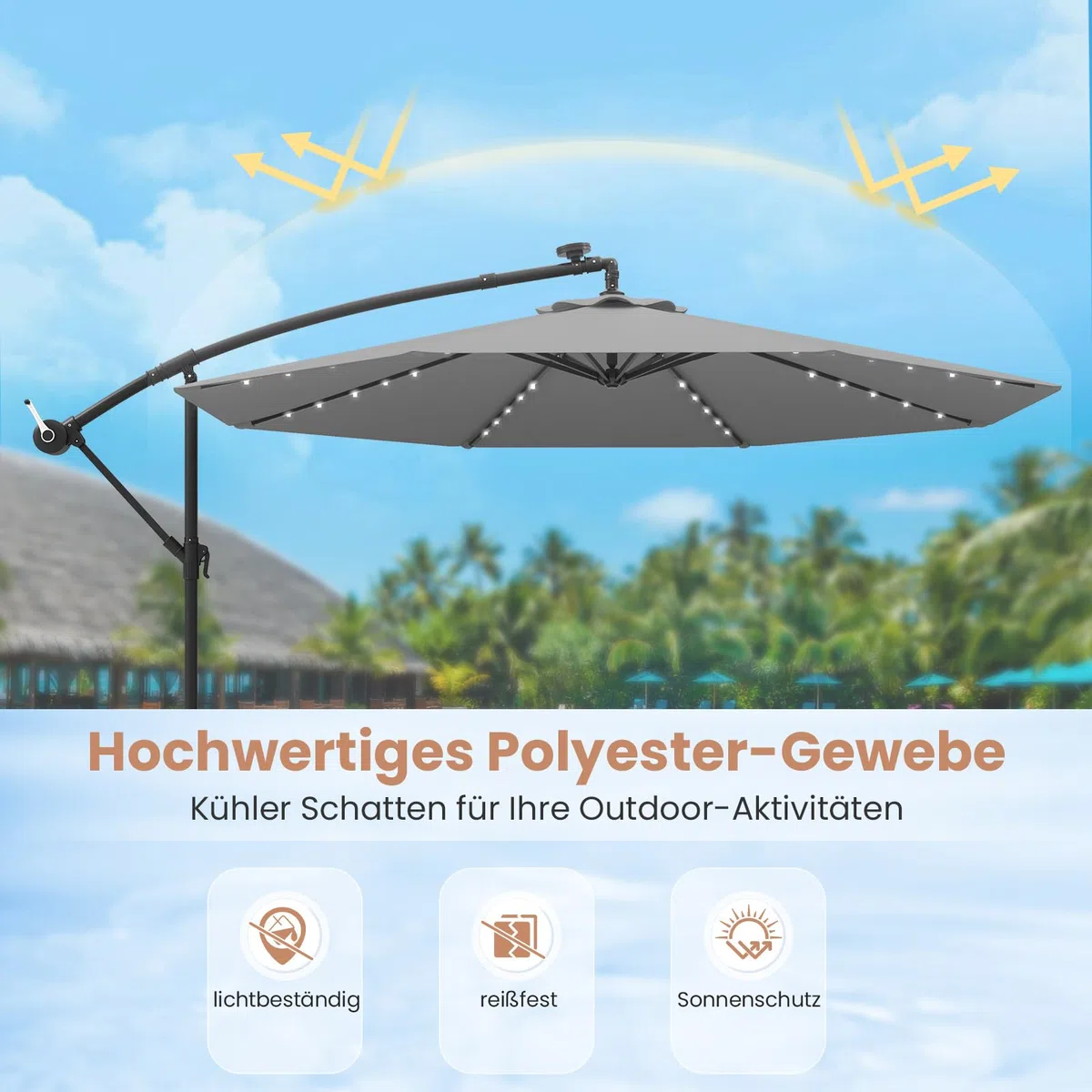 COSTWAY 300 cm Sonnenschirm mit Ständer und LED-Leuchten, Ampelschirm mit Kurbel, Gartenschirm, UV-Schutz, Marktschirm, Terrassenschirm für Garten, Pool, Terrasse (Grau)