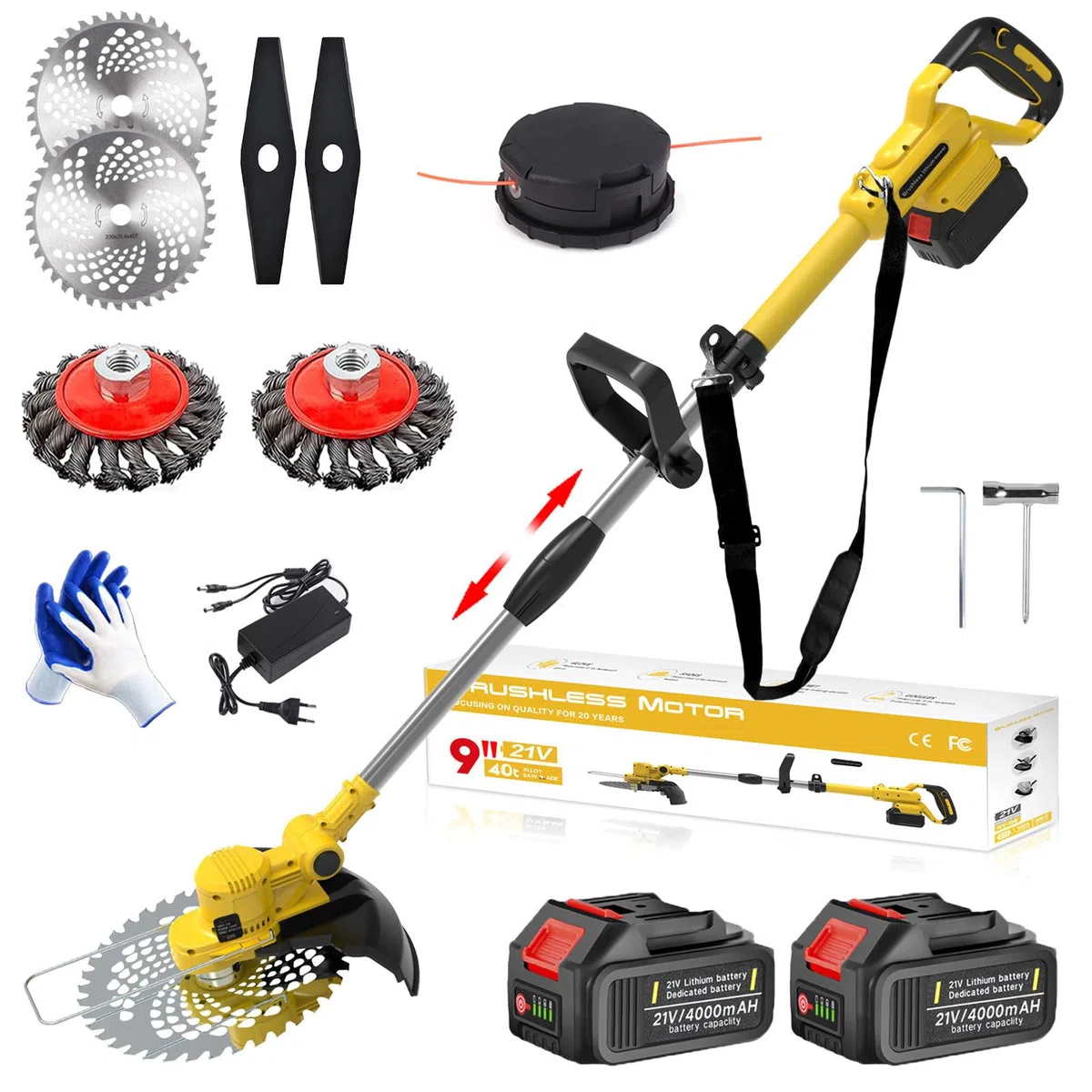 Rasentrimmer mit Akku und Unkrautbürste, Akku Rasentrimmer mit 5 Klingentypen und 2 x 4.0Ah Akku, 21V Bürstenlose Akku Freischneider mit Tap&Go M10 x 1,25, für Garden Trimmen