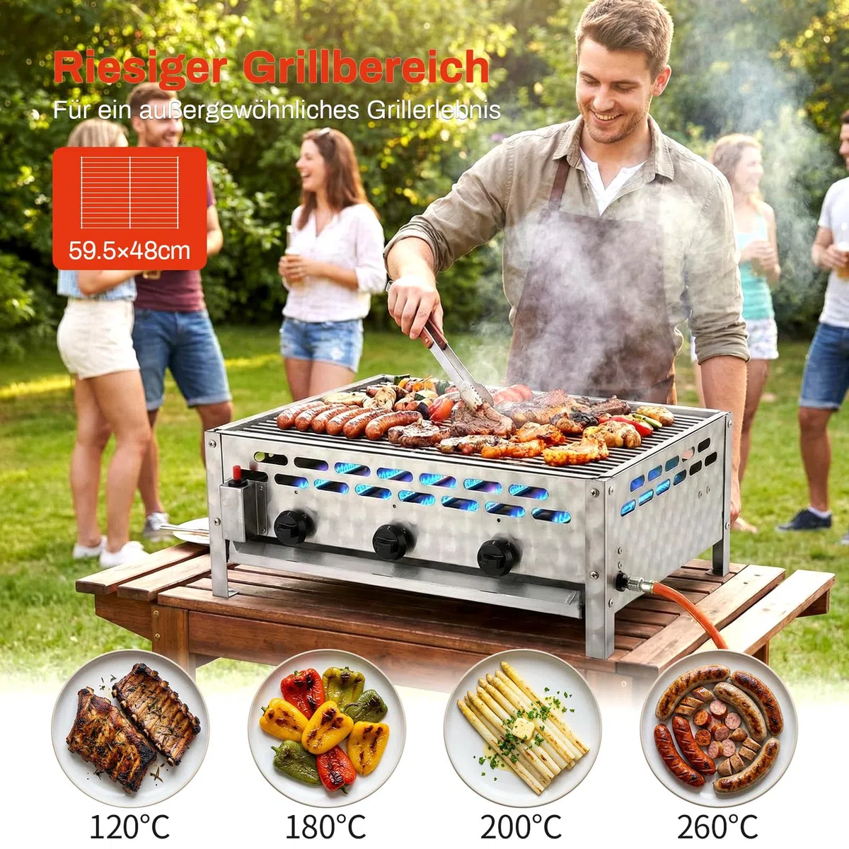TLSUNNY Edelstahl Gasbräter 3-flammig 12 kW, Profi Gasgrill, Gastrobräter gas mit Grillrost, Tischgasgrill für Gastronomie, Outdoor, Garten, Wurstbrater, 59.5x48 cm Grillfläche, 4 PCS Füße
