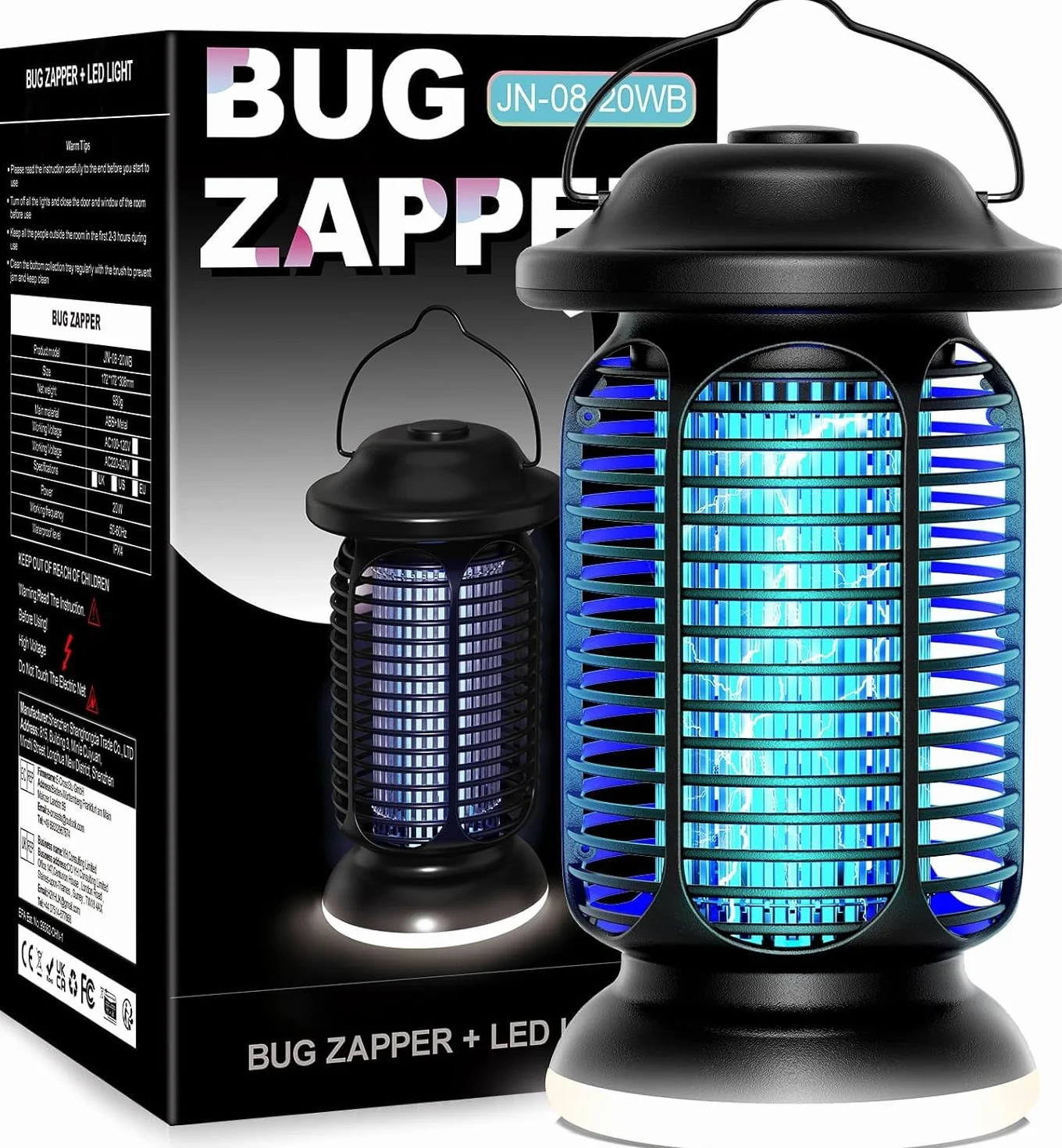 Insektenvernichter Elektrisch 4000V, Fliegenfalle Elektrisch 20W mit LED Licht, UV Mückenlampe IPX4 Wasserdicht, Anti Mücken Fliegen Insekten, Mückenfalle für Draußen Innen