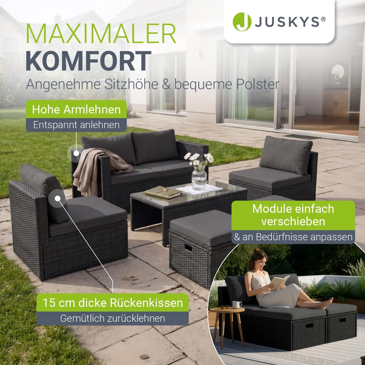Juskys Polyrattan Gartenmöbel Set Salou - Outdoor Lounge wetterfest 6 Personen - Sitzecke mit Tisch & Kissen für Garten, Balkon, Terrasse - Schwarz