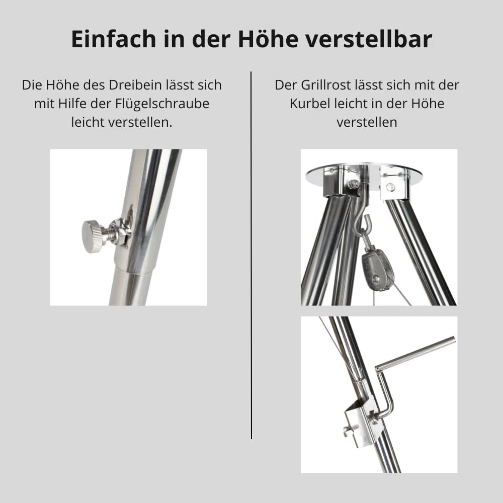 HeRo24 Edelstahl Dreibein Schwenker Grillgestell höhenverstellbar mit Kurbel inkl. Kette, Haken, Wirbel & Tragetasche stabiles Schwenkgrill-Gestell für Garten, Camping & Lagerfeuer (Ohne Rost)