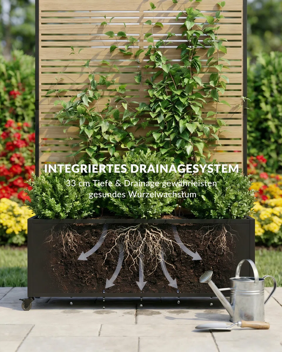 Hochbeet mit Sichtschutz, Metall Pflanzkasten mit Rankgitter und Rollen, freistehender Pflanzkübel 33cm tief, wetterfest für Blumen und Kletterpflanzen - Ideal für Garten, Balkon und Terrasse