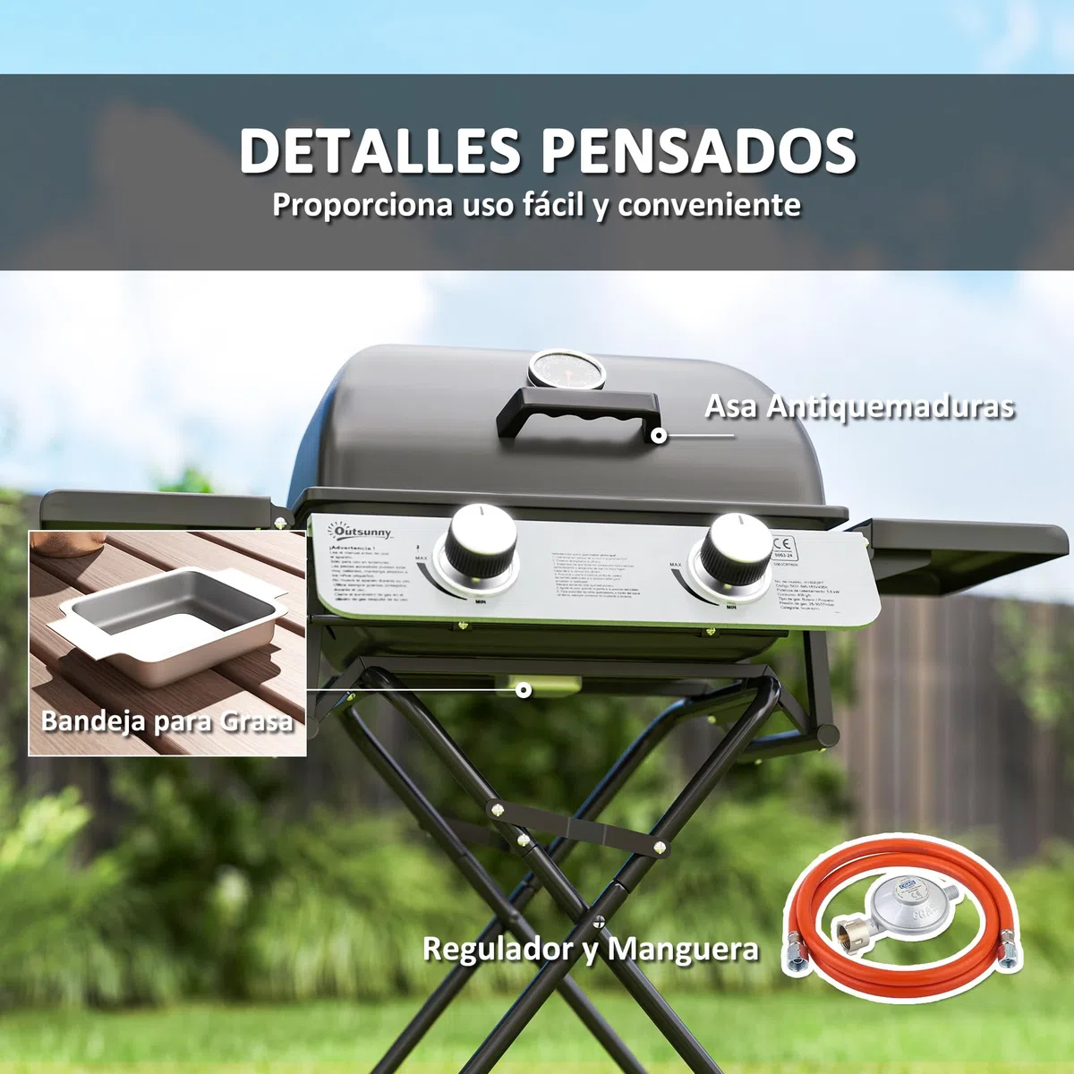 Outsunny Gasgrill mit 2 Edelstahlbrennern, 2,8 kW, tragbarer Grill, zusammenklappbar, mit Seitentischen, abnehmbarem Tablett, Thermometer und 2 Rollen für Picknick, Camping, 101 x 50 x 102 cm, Schwarz