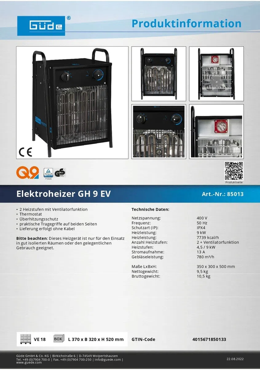 Güde GH 9 EV Elektroheizer - 400 Volt, 9 Kilowatt, zwei Heizstufen 4,5 und 9 Kilowatt, Ventilatorfunktion, Gebläseleistung 780 Kubikmeter pro Stunde, stufenloser Thermostat, Überhitzungsschutz