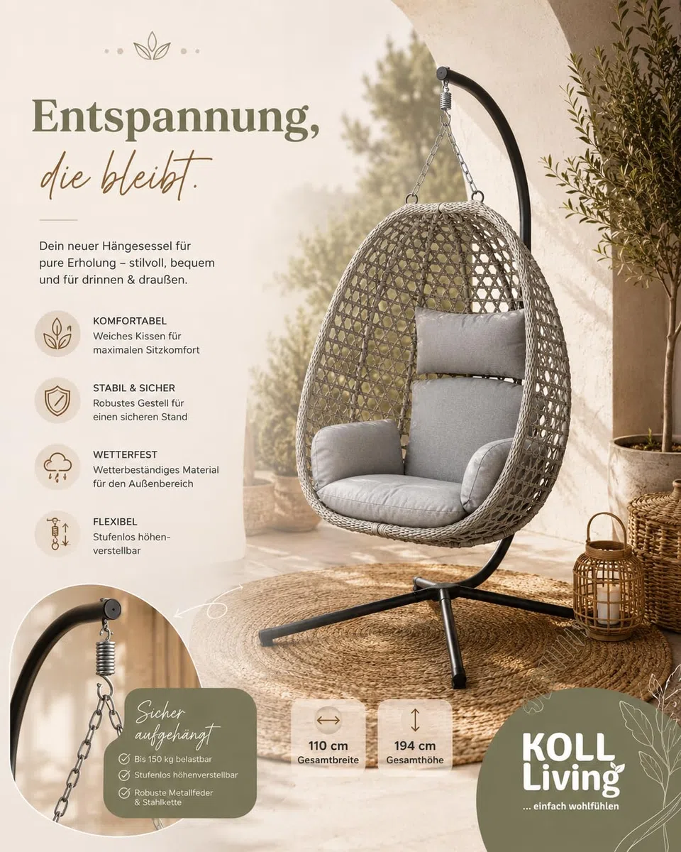 Koll Living Outdoor Hängesessel Luna | Rattanoptik Beige/Grau | Wetterfester Gartensessel mit Stahlgestell & Komfortkissen | UV-beständig & wasserabweisend | 95 x 103 x 197 cm