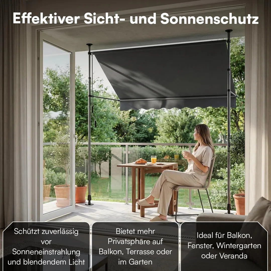 STEELSØN Dioran Klemmmarkise 300 cm breit – Markise Balkon ohne Bohren – Sonnenschutz UV50+ – Balkonmarkise zum Klemmen – Terrassenüberdachung wetterfest – Gartenmarkise höhenverstellbar in Anthrazit