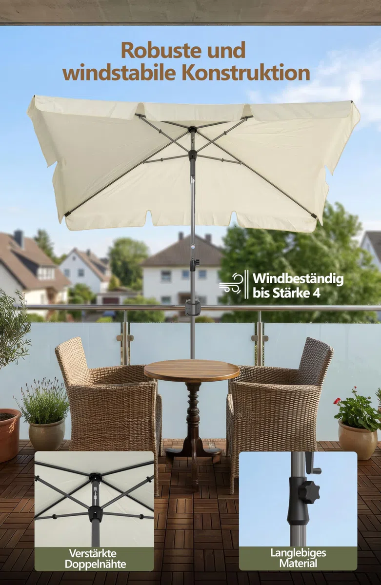 Menz SunnyShade Balkonschirm, mit Kurbel, Roma, mit Schutzhülle, Sonnenschirm Balkon 200x125 cm, Sonnenschirm rechteckig, UV 50+ Sonnenschutz Balkon, knickbar und höhenverstellbar, Beige