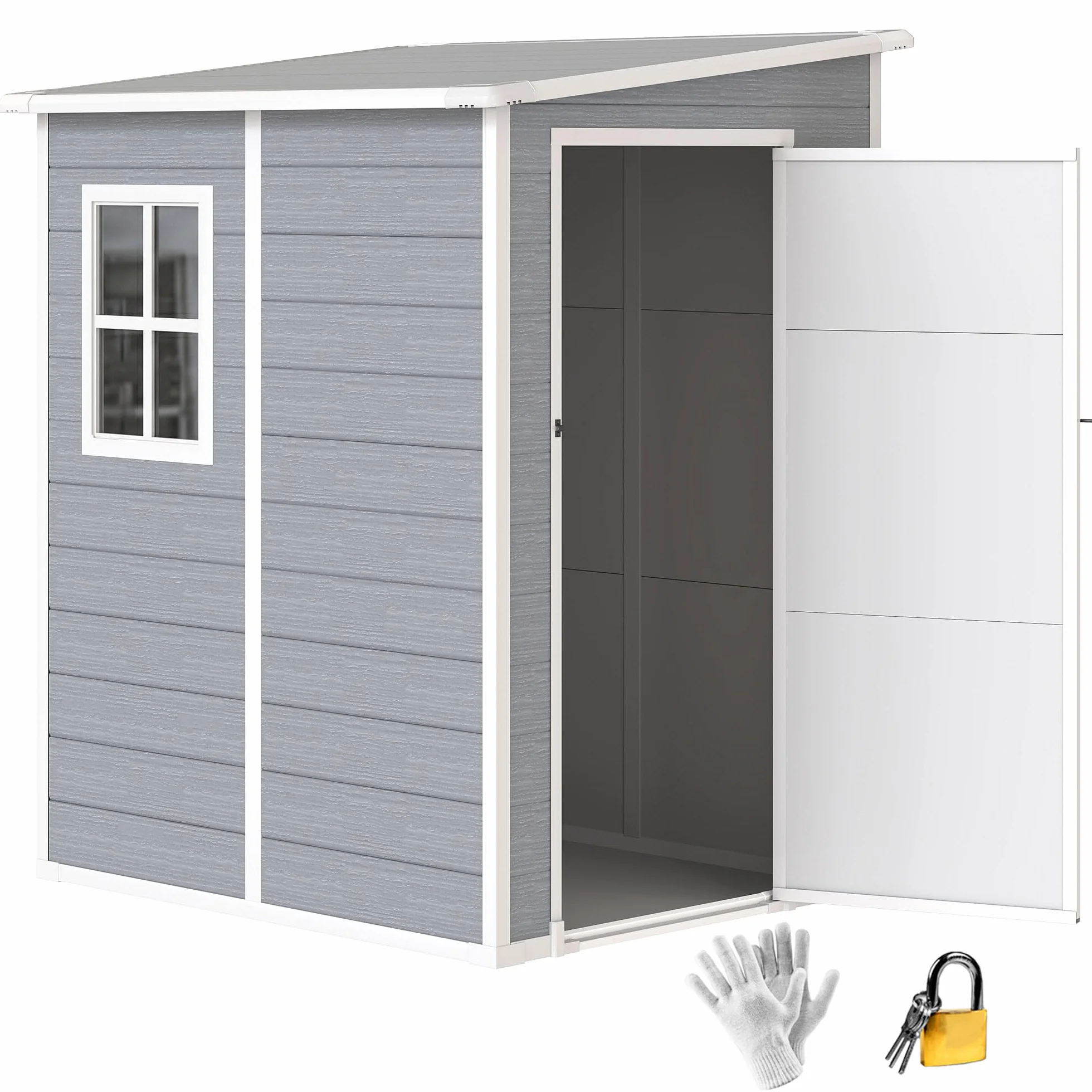 Outsunny Gerätehaus 1,54m³, Gartenhaus mit Pultdach, Boden 122 x 149 x 192/177 cm, wetterfest Geräteschuppen mit Abschließbar Tür, Fenster, Gartenschrank aus Kunststoff, für Hinterhof, Garten, Grau
