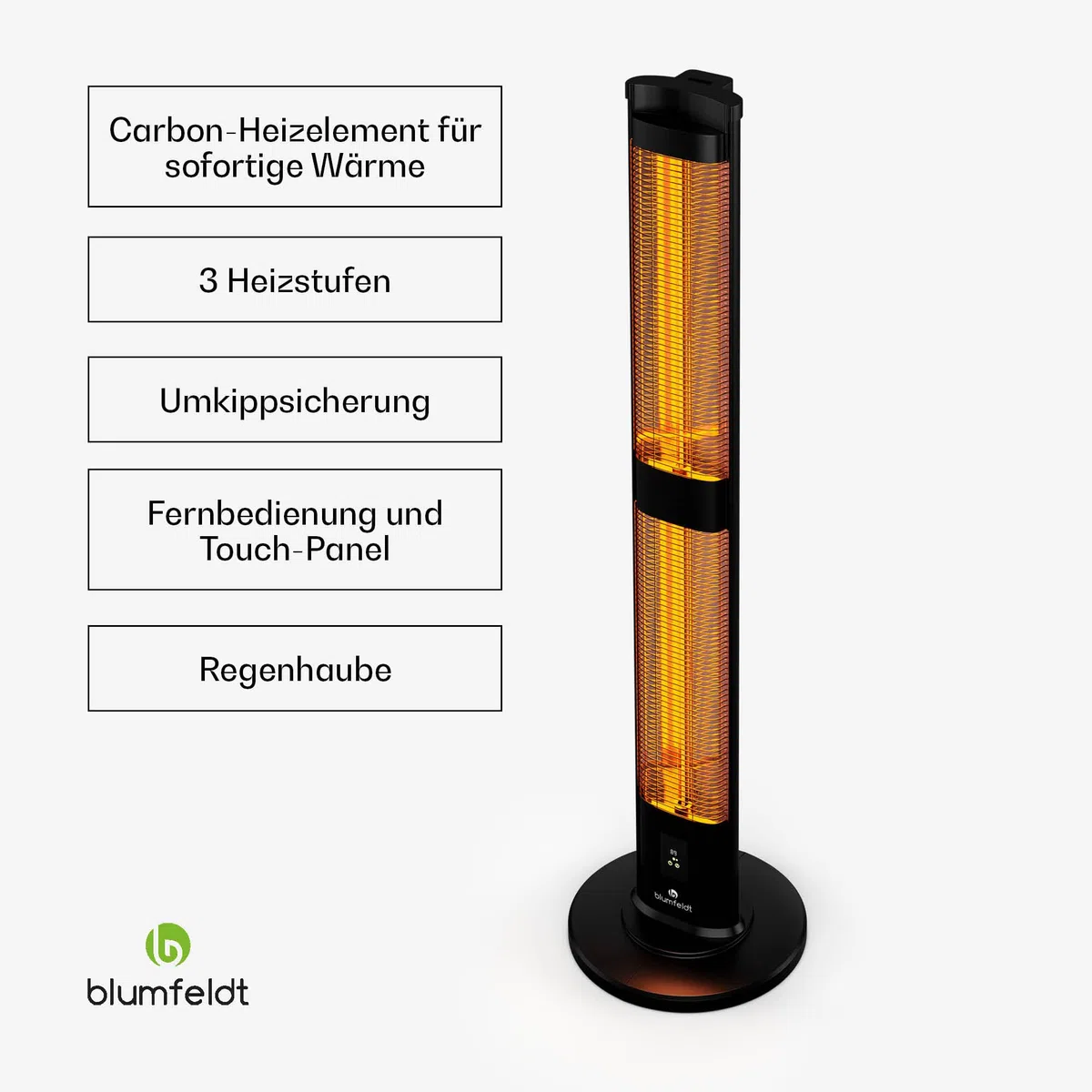 blumfeldt BlazeTower Infrarotheizung Standgerät - 3000 W Leistung, Einstellbare Heizstufen, Wetterfest IP45, Umkippschutz, Fernbedienung & 24-Stunden-Timer - Ideal für Terrasse & Garten