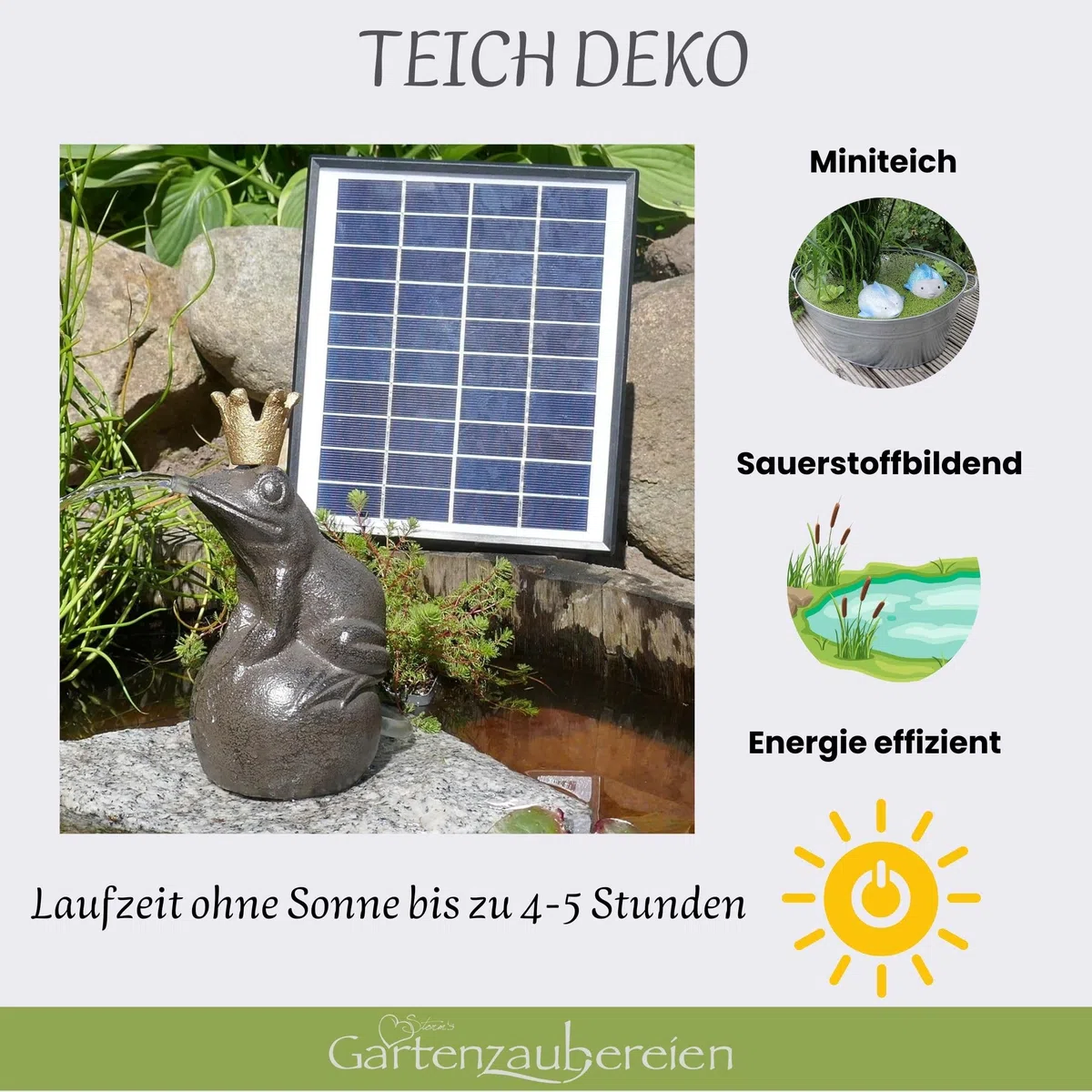 Storm's Gartenzaubereien Wasserspeier Frosch aus Gusseisen mit Akku Solarpumpe 16cm Laufzeit ohne Sonne 4-5 Stunden