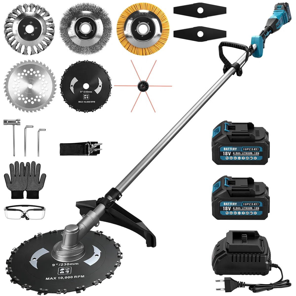 7-IN-1 Akku Rasentrimmer mit 2 x 4Ah Akkus, 1380W Bürstenloser Freischneider Akku mit 7 Klingen und Schulterriemen, 18800 U/min Elektrisch Motorsense für Garten, Rasen & Hofpflege