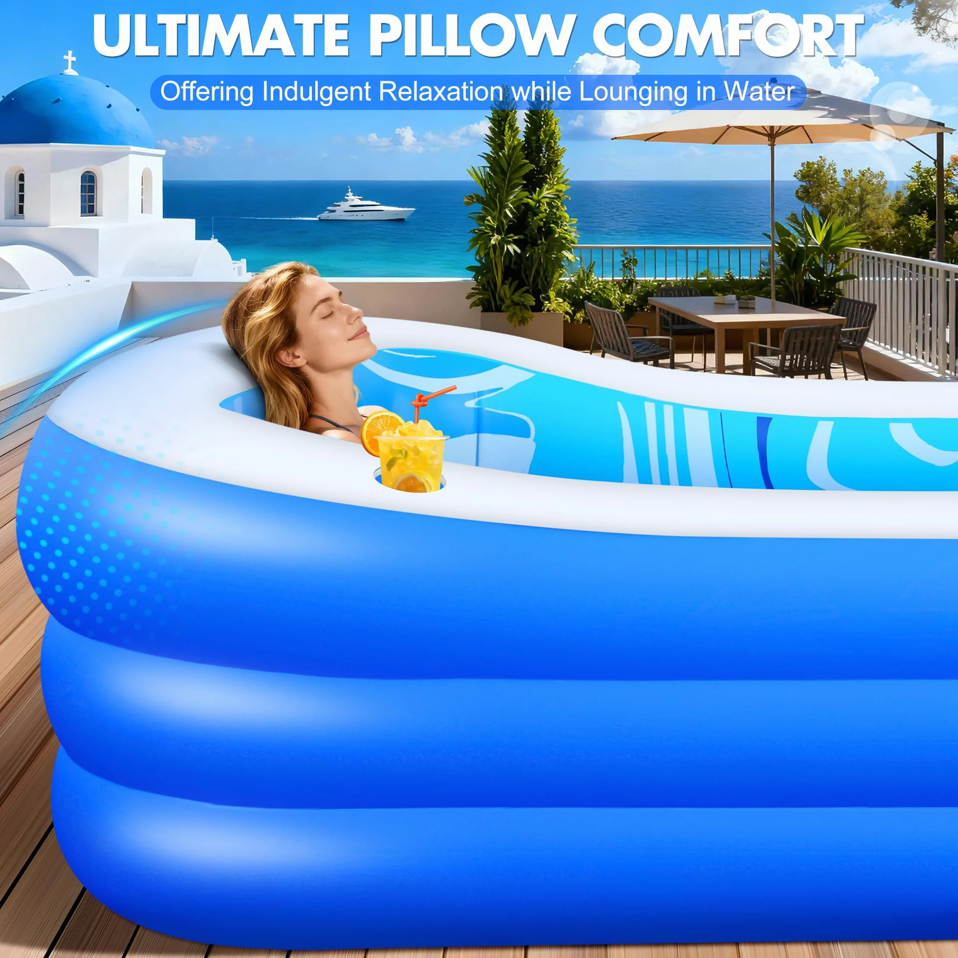 LuxBlue Aufblasbarer Pool Erwachsene, Groß Planschbecken Rechteckig mit Sitzkissen und Rückenlehne, 0.5mm Verdickter Familienpool Aufblasbar XXL, 250 * 160 * 63cm Aufblasbar Schwimmbecken Gartenpool
