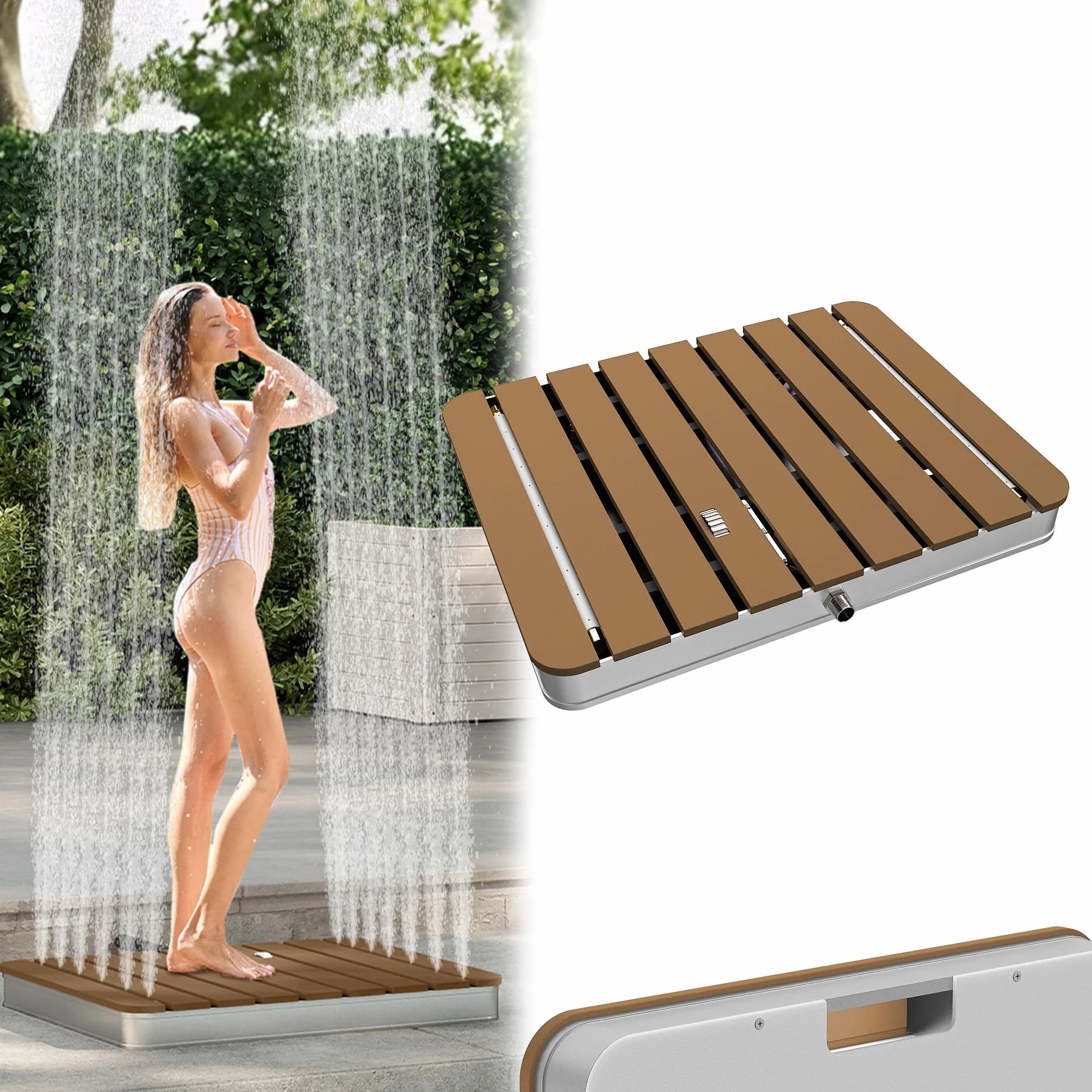 Froadp Gartendusche Campingdusche Aluminium & WPC Bodendusche Holzfarbe Saunadusche mit rutschfeste Standfläche 55x70cm Wetterfest Holzoptik Außendusche für Standard-Gartenschläuche (Rechteckig)