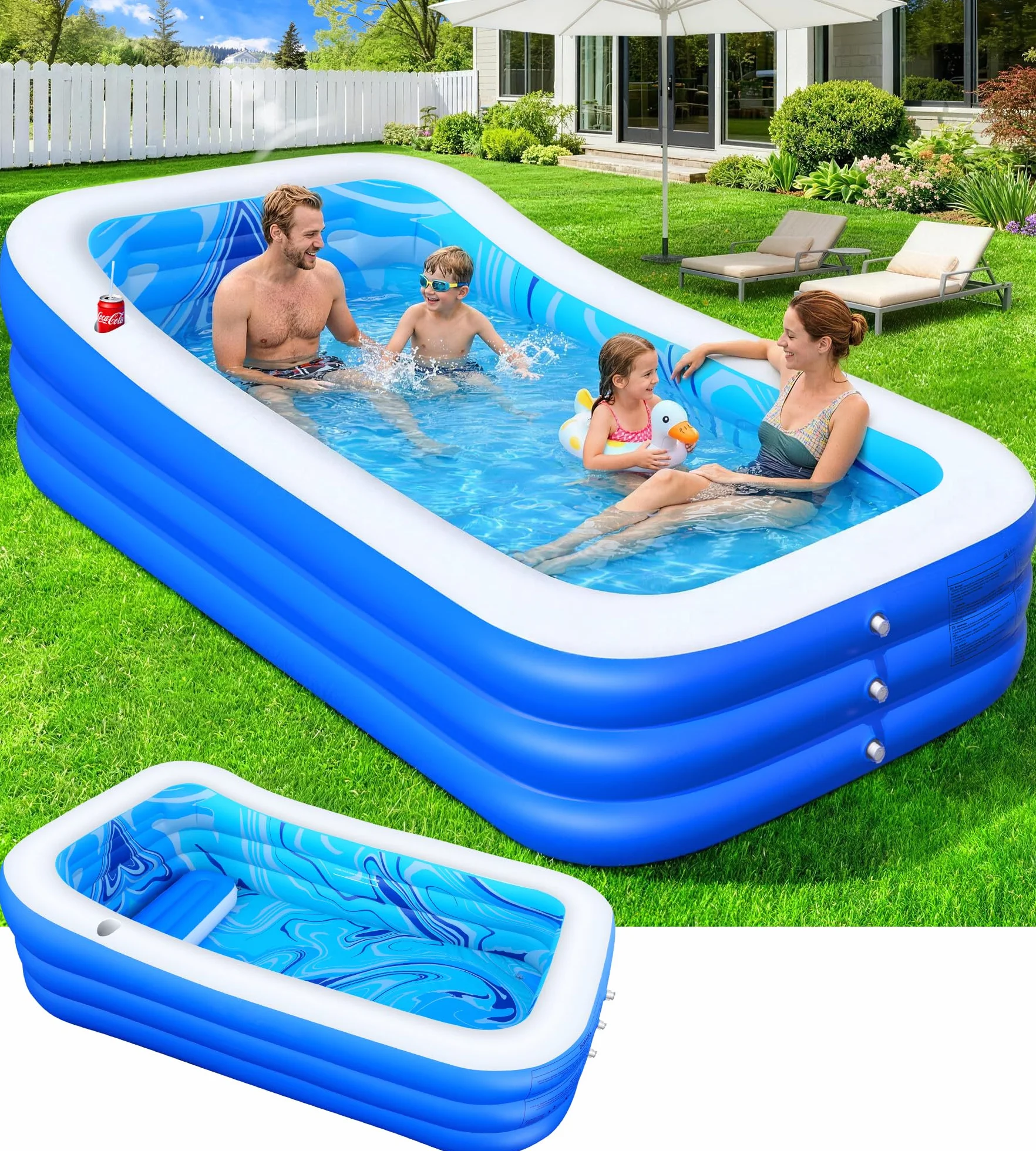 LuxBlue Aufblasbarer Pool Erwachsene, Groß Planschbecken Rechteckig mit Sitzkissen und Rückenlehne, 0.5mm Verdickter Familienpool Aufblasbar XXL, 250 * 160 * 63cm Aufblasbar Schwimmbecken Gartenpool