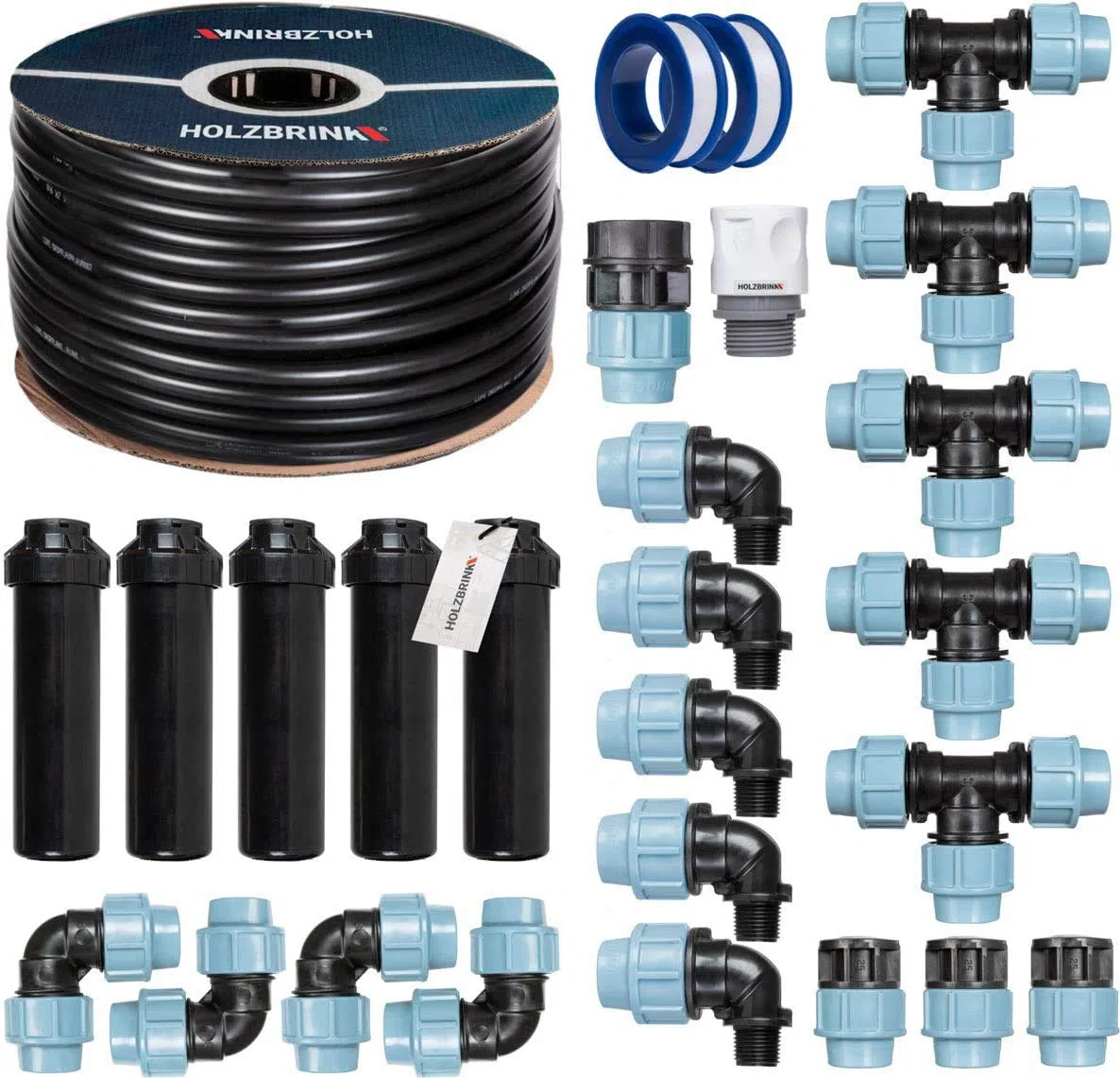 HOLZBRINK Start Set Bewässerungssystem Rasenbewässerung inkl. 50 m LDPE Verlegerohr 25 mm, 5X Versenkregner, HTB-11-5-50