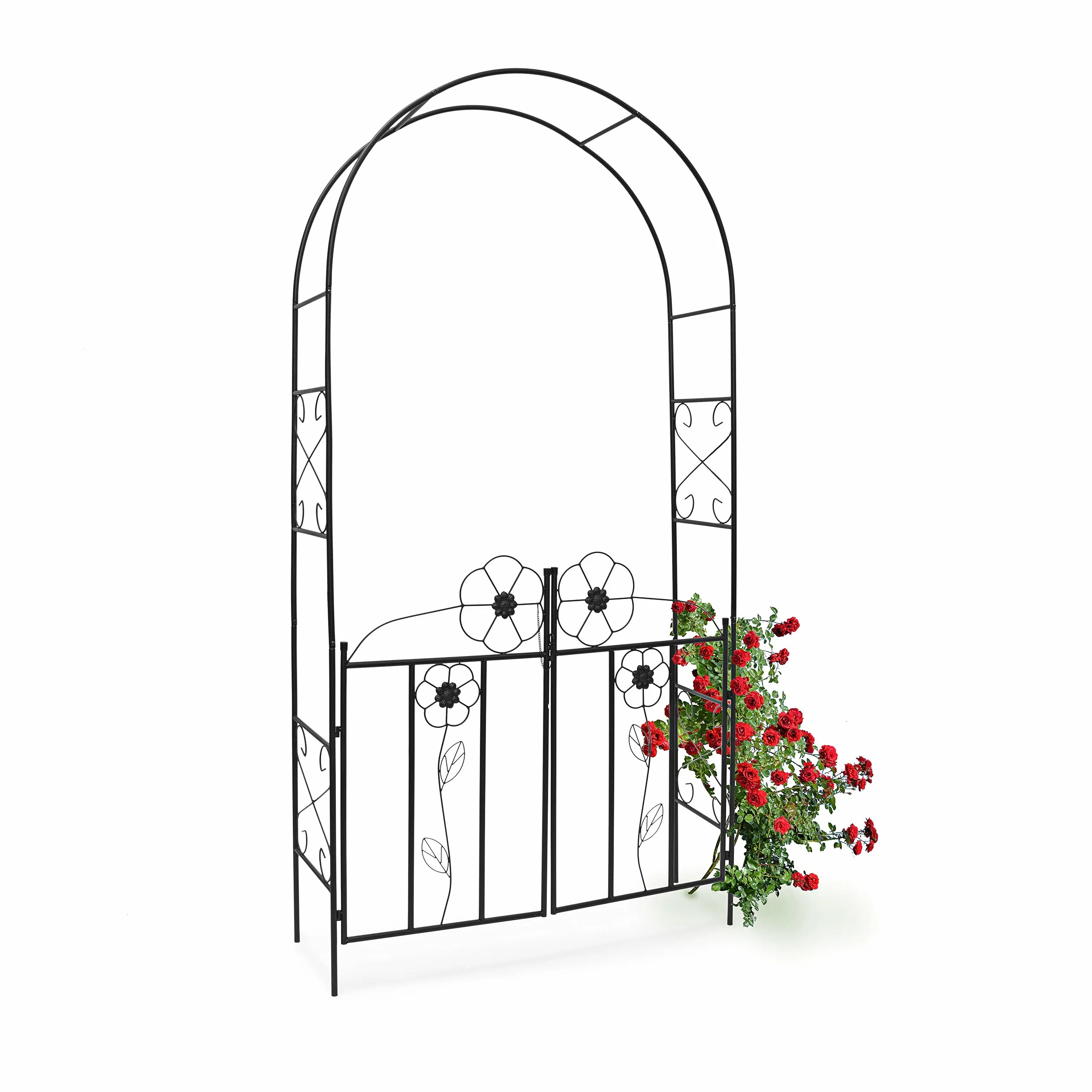 Relaxdays Rosenbogen mit Tor HBT 228 x 116 x 36,5 cm Torbogen aus pulverbeschichtetem Eisen mit schöner Verzierung und Tür-Flügeln Rankgitter und Rankhilfe für Rosen & Kletterpflanzen, schwarz